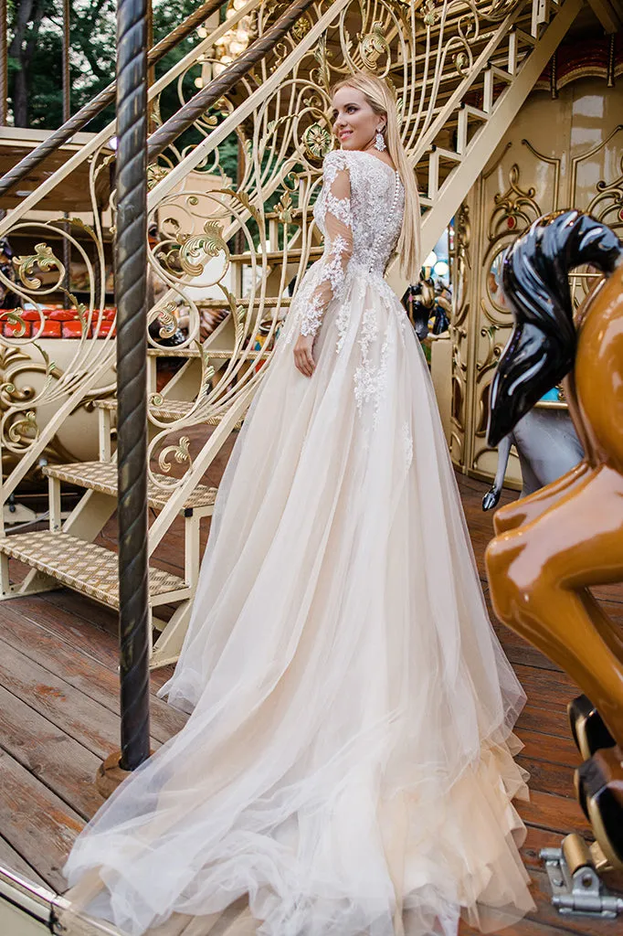 Elegant Lace and Tulle A-line V Neck Long Sleeve Wedding Gown-715680