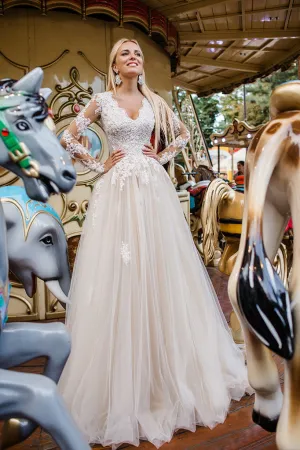 Elegant Lace and Tulle A-line V Neck Long Sleeve Wedding Gown-715680