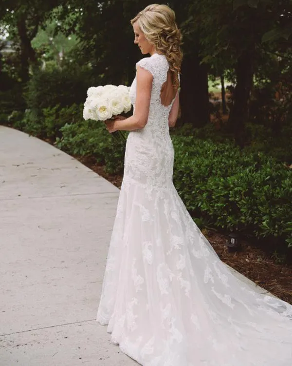 Elegant Mermaid Wedding Dress Lace Bodice V-Neck Open Back Cap Sleeve Beach Wedding Gown