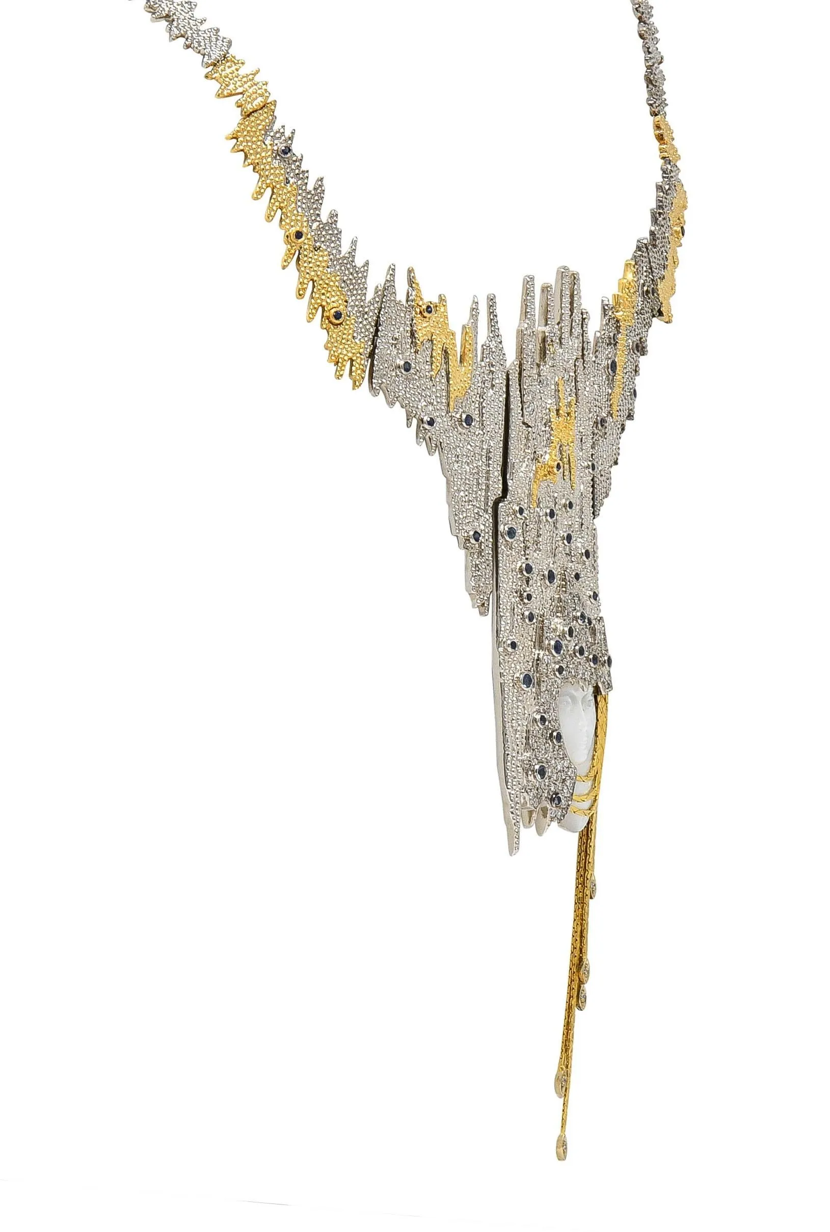 Erté 1970's 3.17 CTW Sapphire Diamond Silver 14 Karat Gold Vintage Convertible Sophistication Necklace Brooch