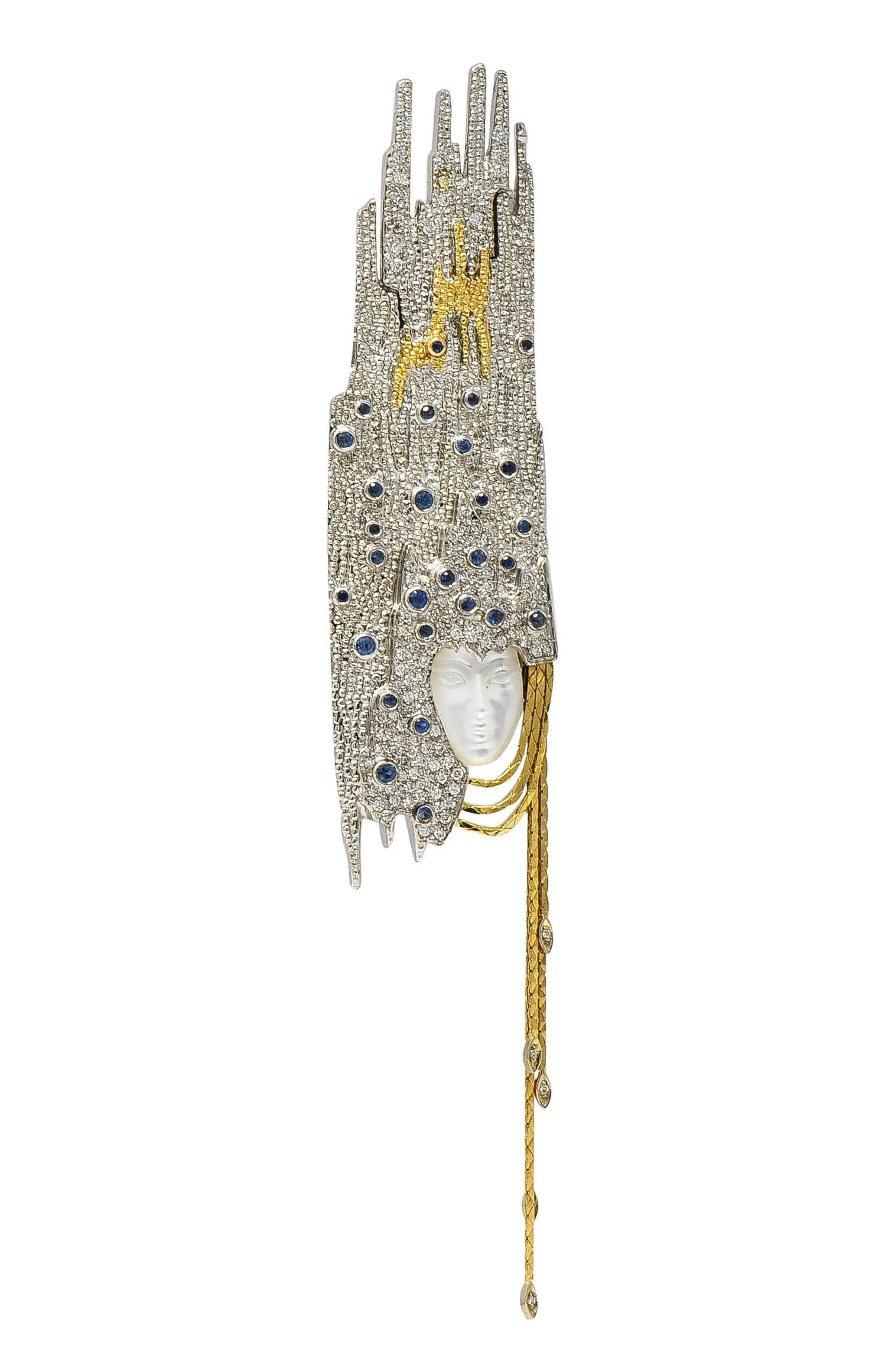 Erté 1970's 3.17 CTW Sapphire Diamond Silver 14 Karat Gold Vintage Convertible Sophistication Necklace Brooch