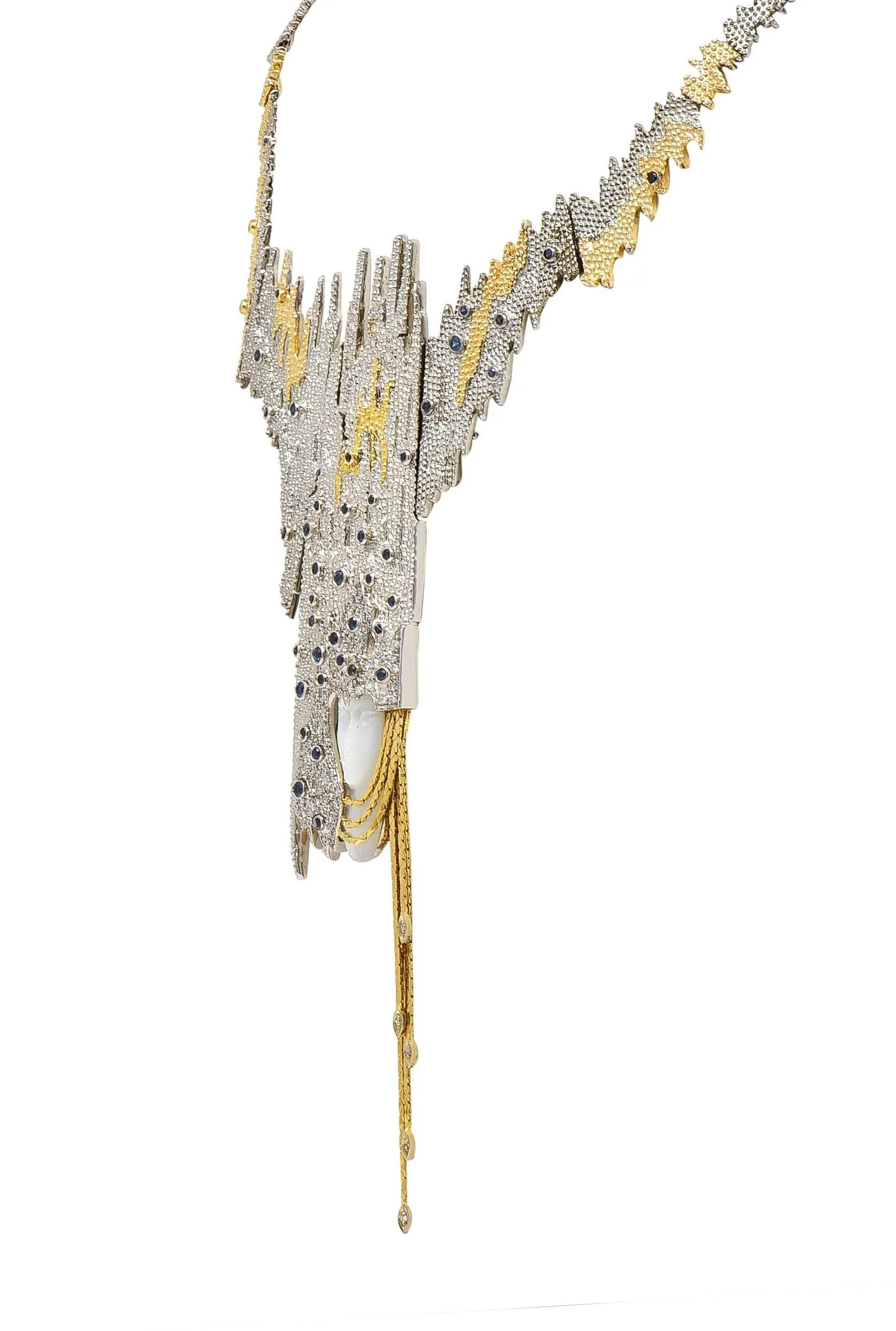 Erté 1970's 3.17 CTW Sapphire Diamond Silver 14 Karat Gold Vintage Convertible Sophistication Necklace Brooch