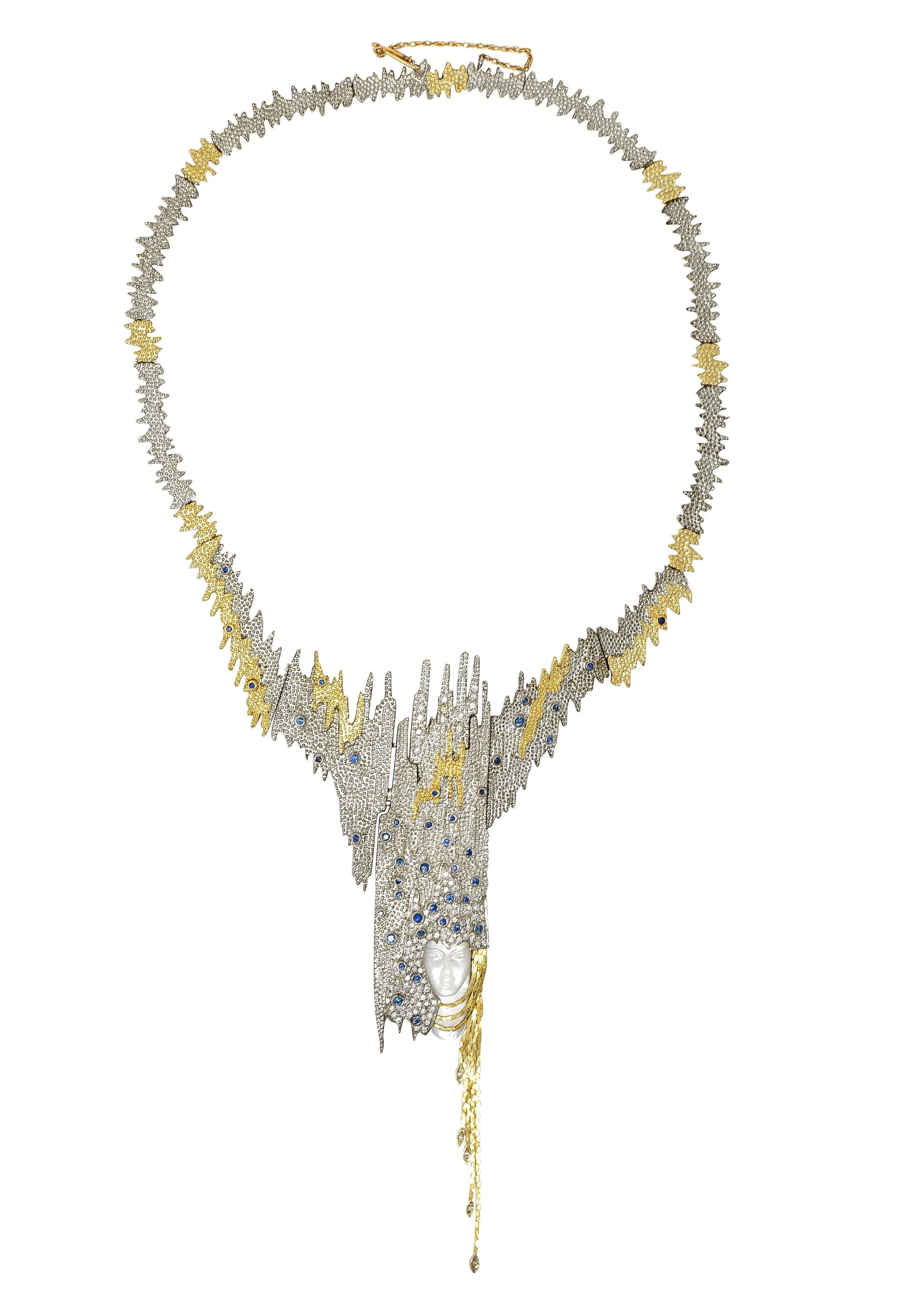 Erté 1970's 3.17 CTW Sapphire Diamond Silver 14 Karat Gold Vintage Convertible Sophistication Necklace Brooch