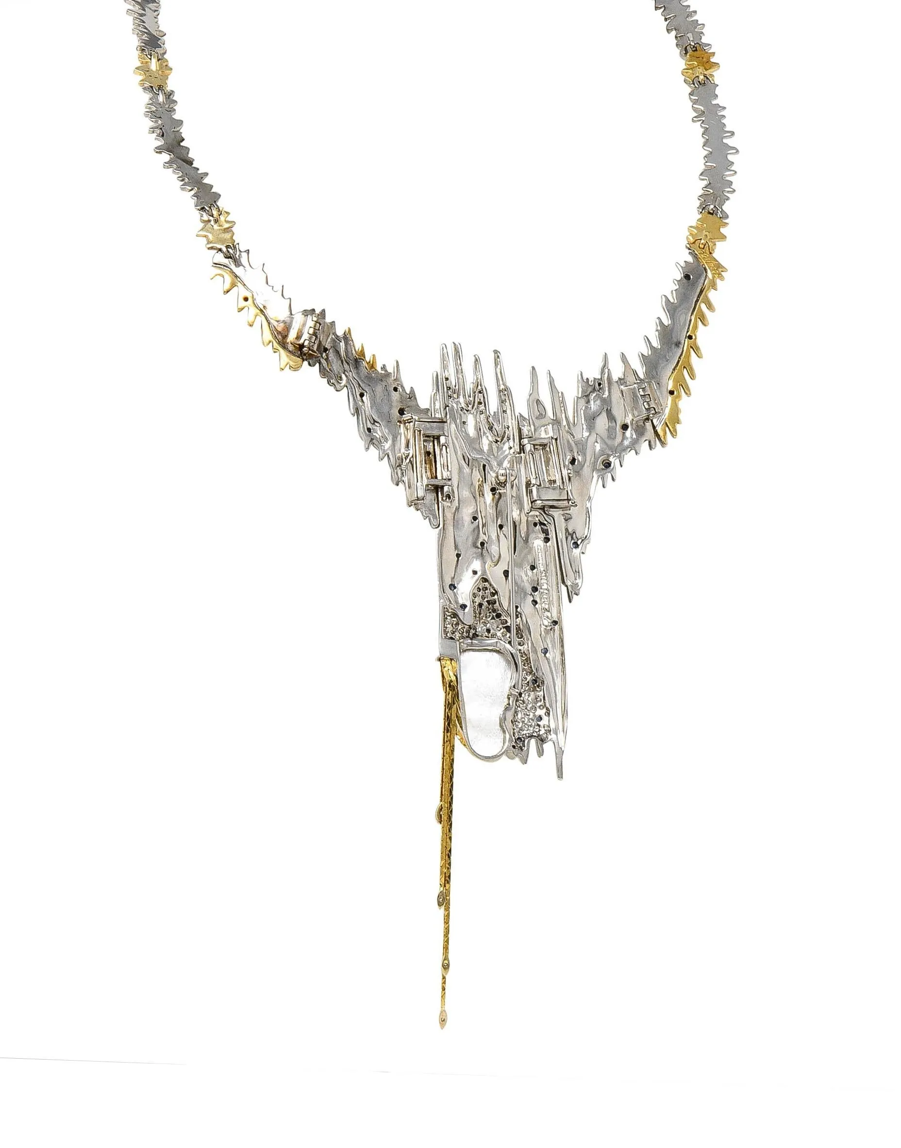 Erté 1970's 3.17 CTW Sapphire Diamond Silver 14 Karat Gold Vintage Convertible Sophistication Necklace Brooch