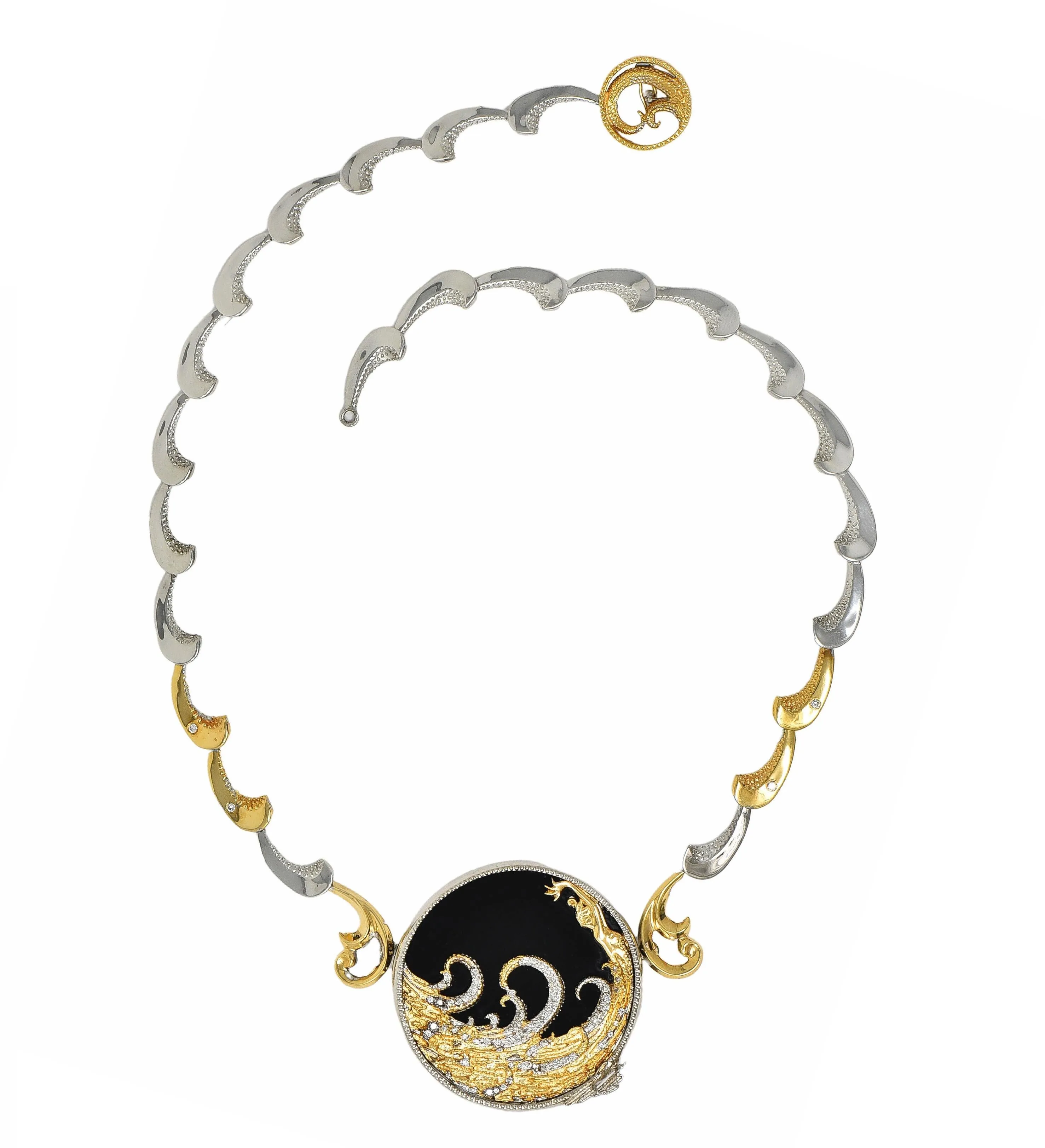 Erté 1980's Diamond Onyx 14 Karat Yellow Gold Silver Aphrodite Brooch Necklace