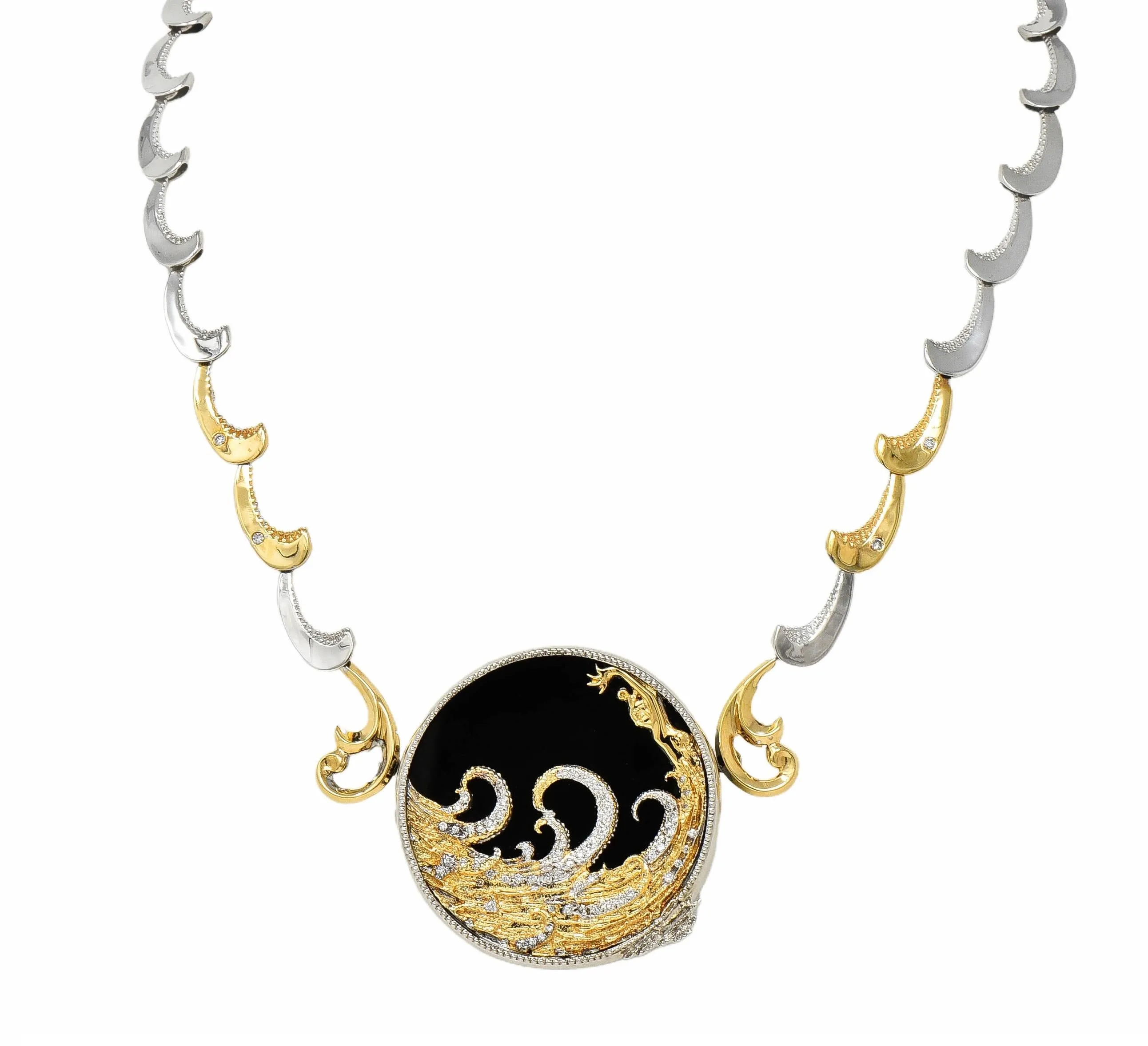 Erté 1980's Diamond Onyx 14 Karat Yellow Gold Silver Aphrodite Brooch Necklace