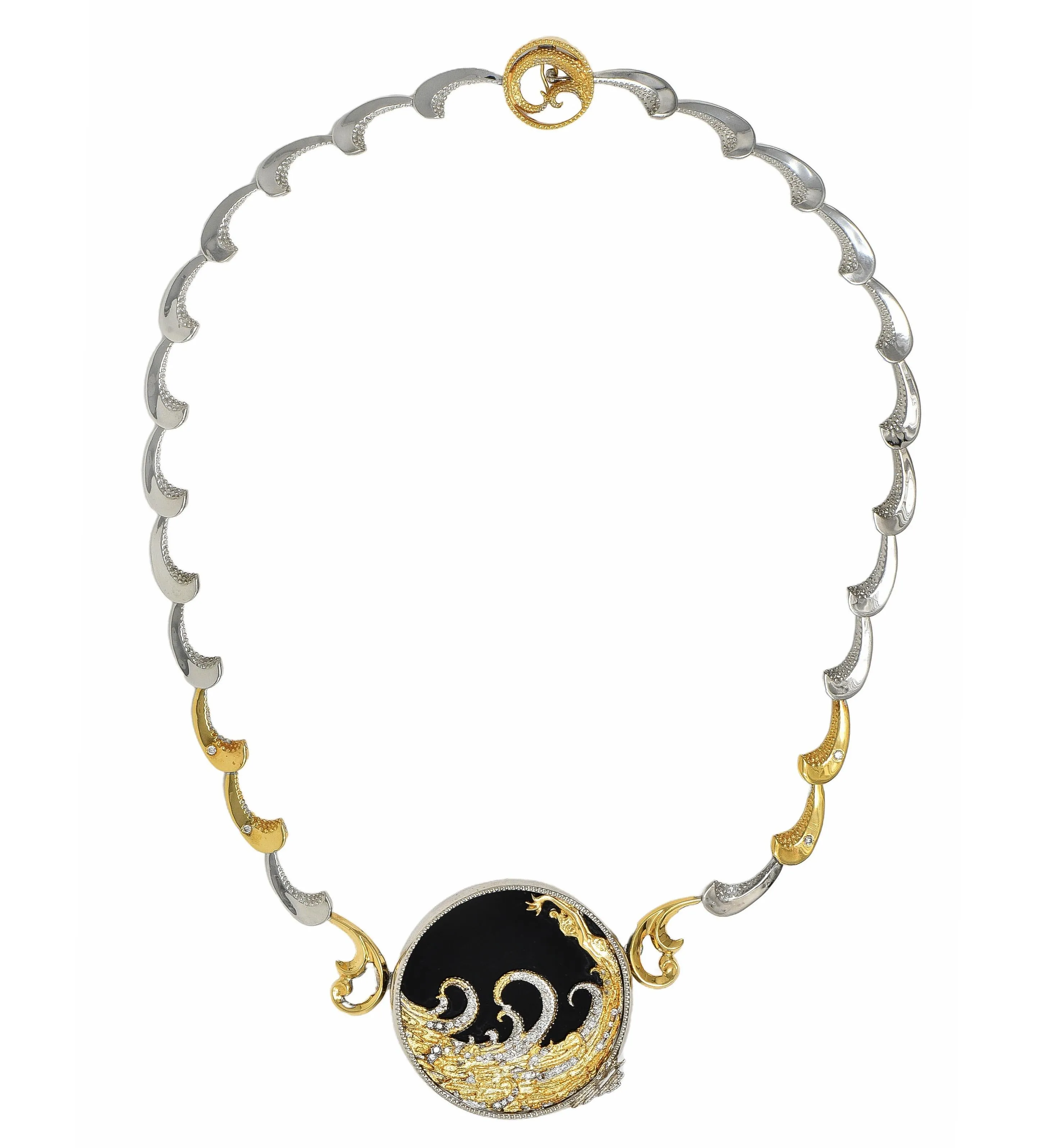Erté 1980's Diamond Onyx 14 Karat Yellow Gold Silver Aphrodite Brooch Necklace