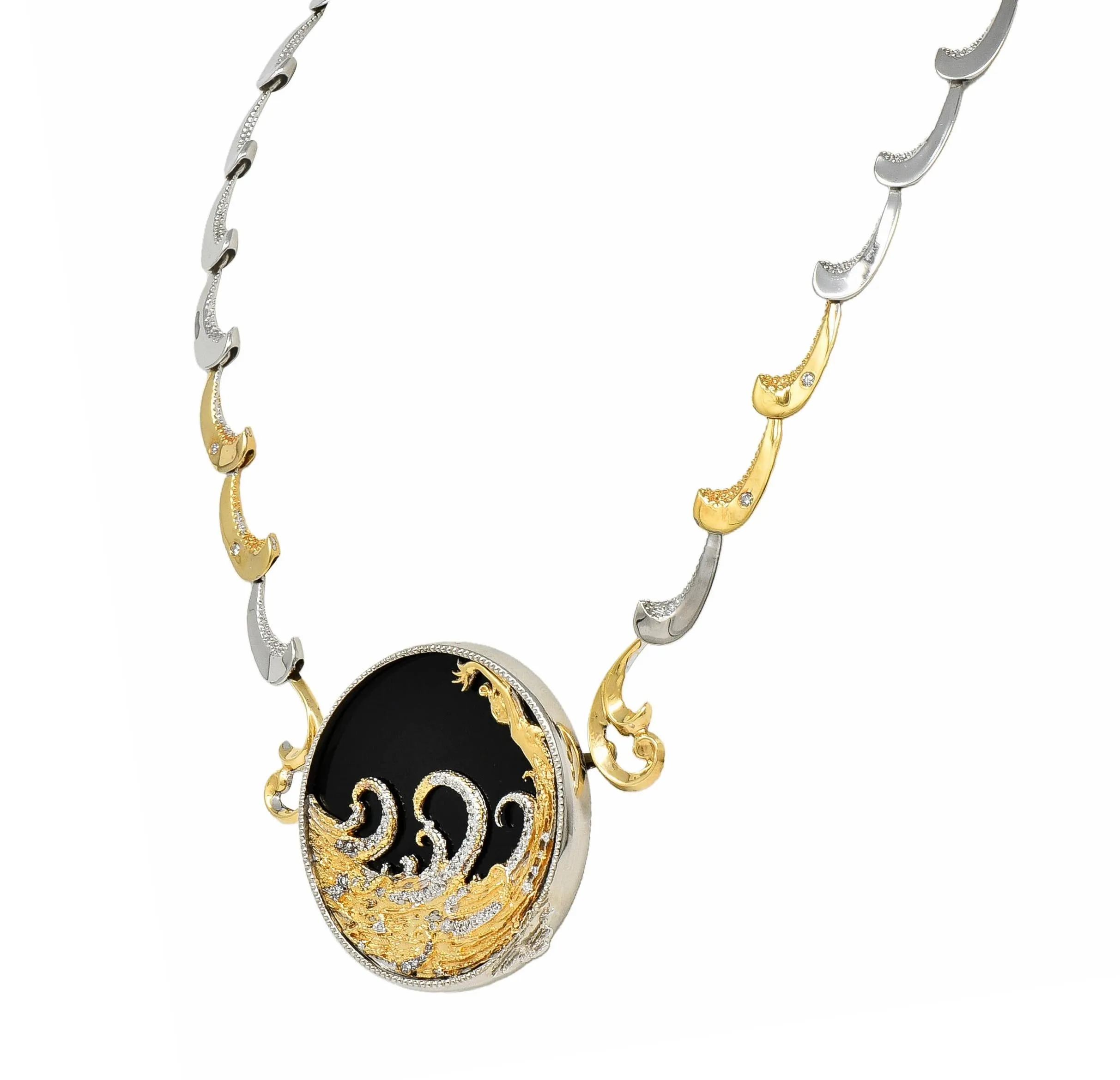 Erté 1980's Diamond Onyx 14 Karat Yellow Gold Silver Aphrodite Brooch Necklace