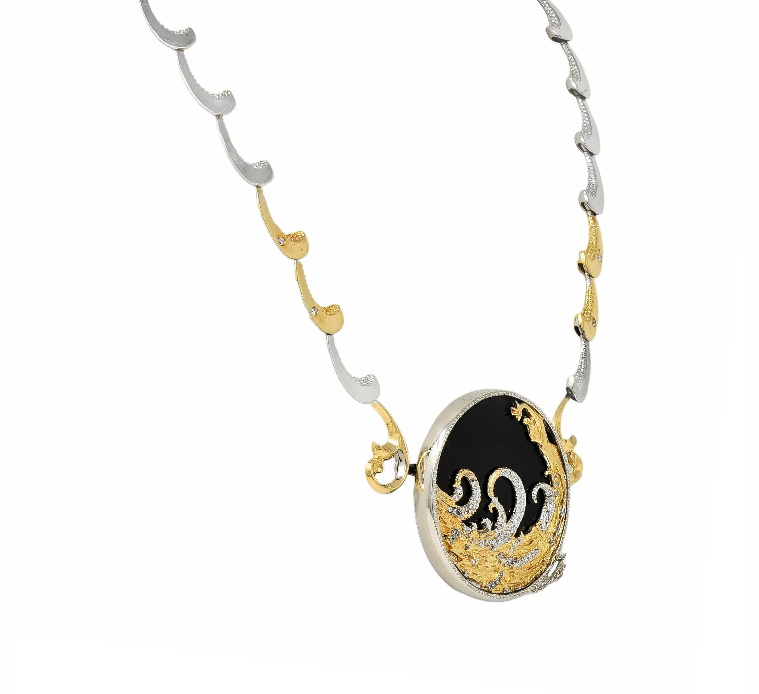 Erté 1980's Diamond Onyx 14 Karat Yellow Gold Silver Aphrodite Brooch Necklace