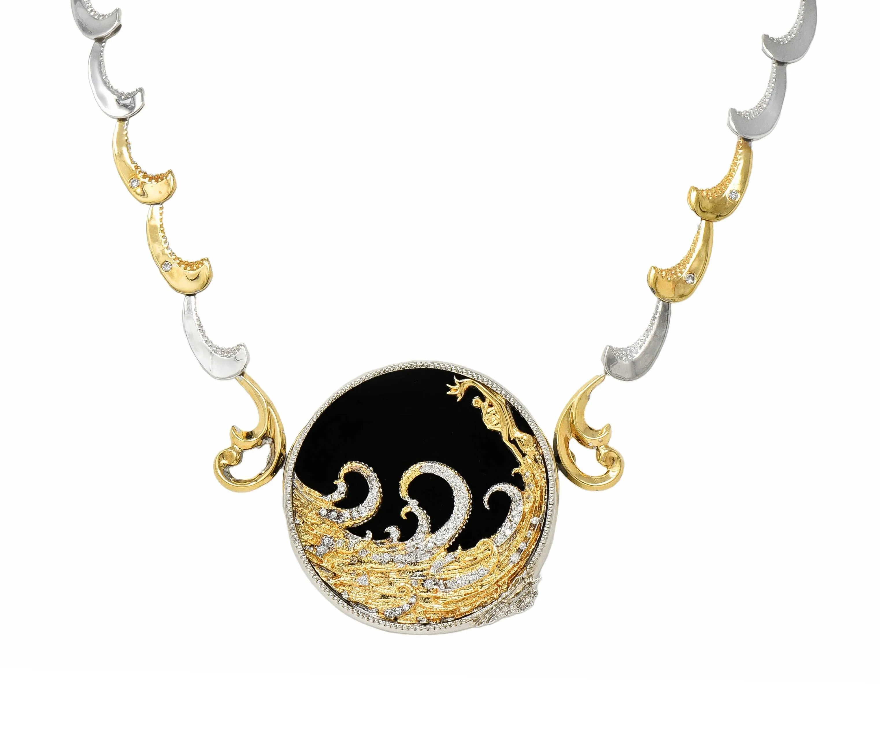 Erté 1980's Diamond Onyx 14 Karat Yellow Gold Silver Aphrodite Brooch Necklace