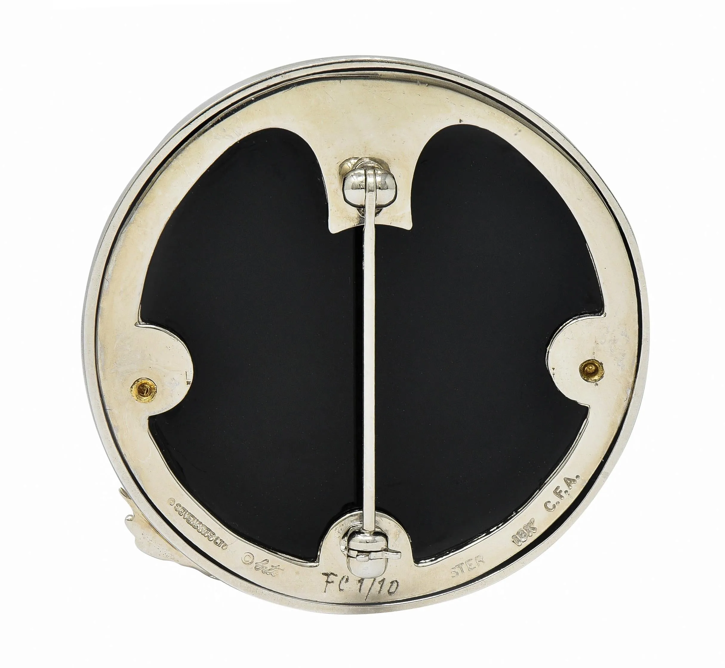 Erté 1980's Diamond Onyx 14 Karat Yellow Gold Silver Aphrodite Brooch Necklace
