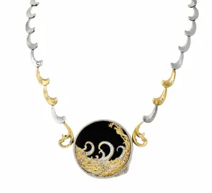 Erté 1980's Diamond Onyx 14 Karat Yellow Gold Silver Aphrodite Brooch Necklace