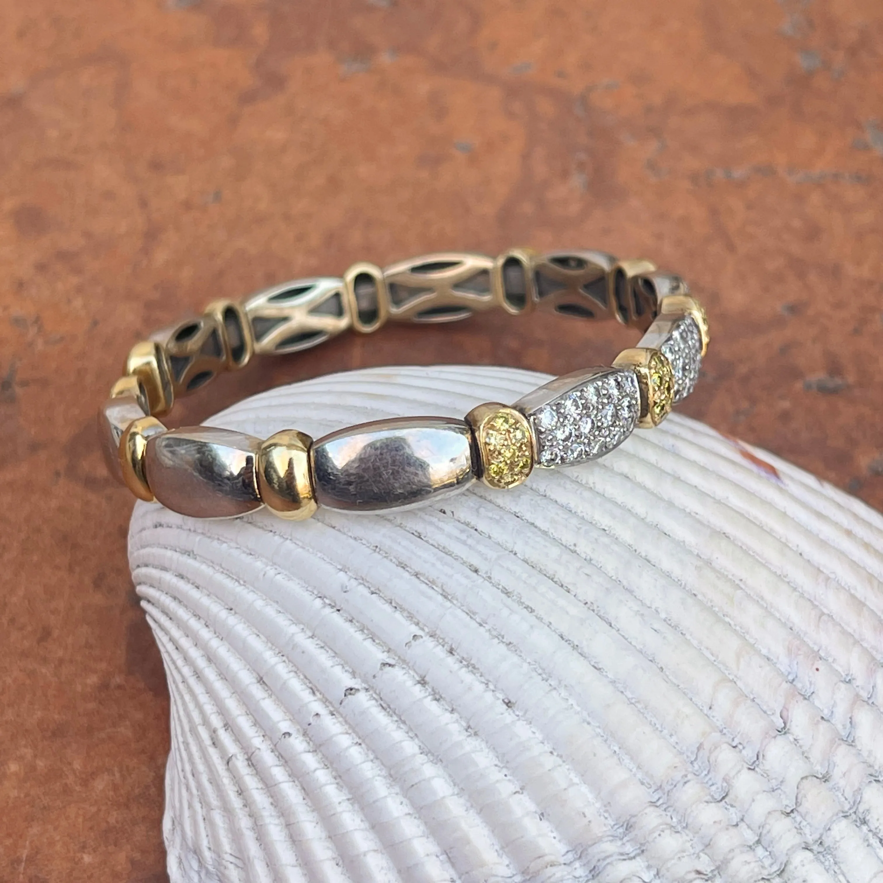 Estate 18KT Yellow Gold   White Gold Pave White   Yellow Diamond Stretch Bangle Bracelet