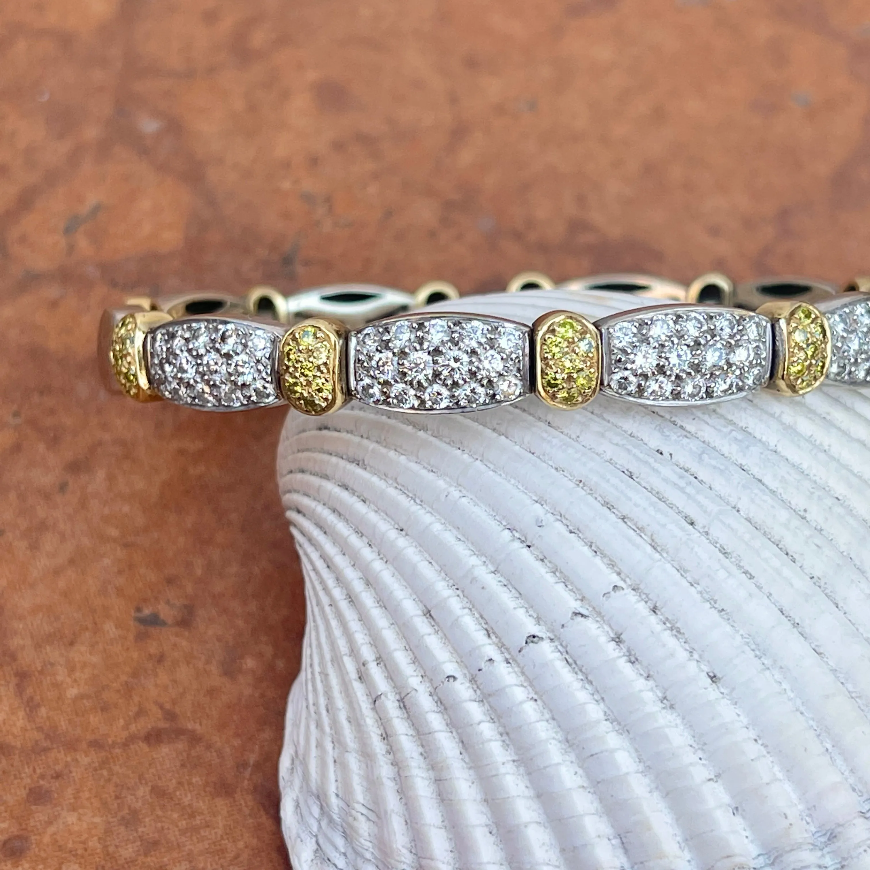 Estate 18KT Yellow Gold   White Gold Pave White   Yellow Diamond Stretch Bangle Bracelet
