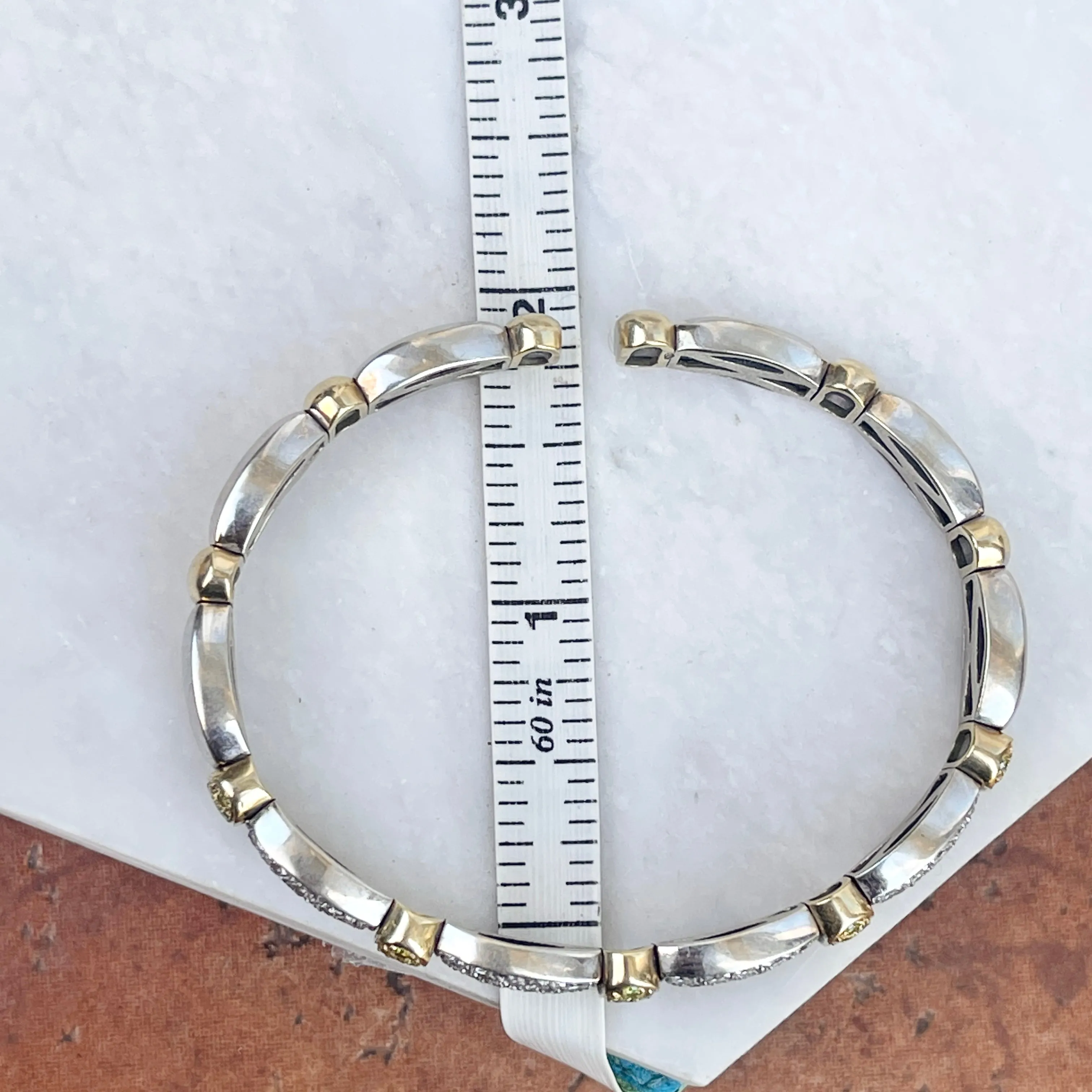 Estate 18KT Yellow Gold   White Gold Pave White   Yellow Diamond Stretch Bangle Bracelet
