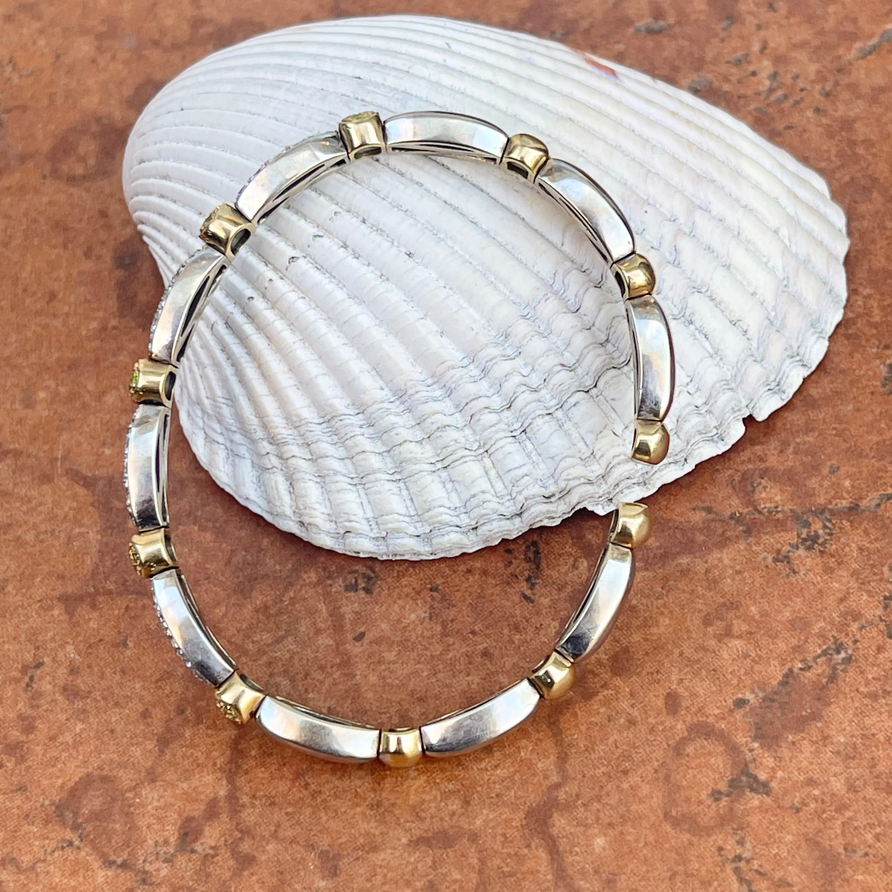 Estate 18KT Yellow Gold   White Gold Pave White   Yellow Diamond Stretch Bangle Bracelet
