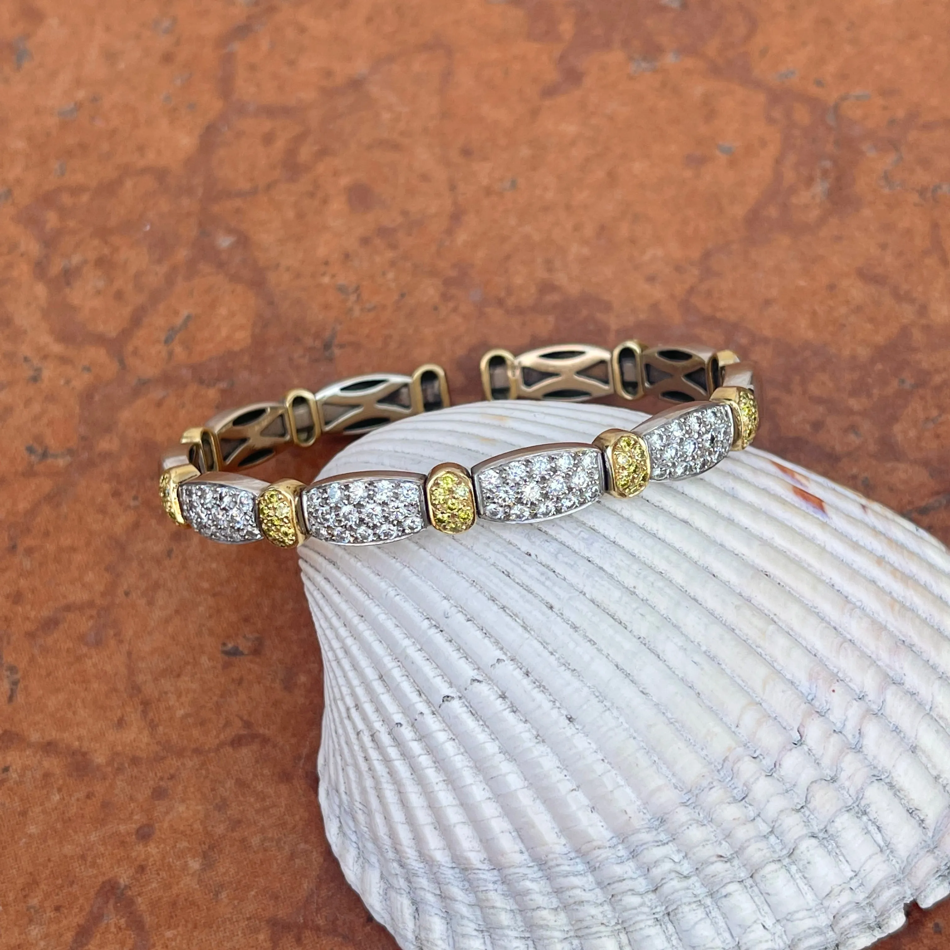 Estate 18KT Yellow Gold   White Gold Pave White   Yellow Diamond Stretch Bangle Bracelet