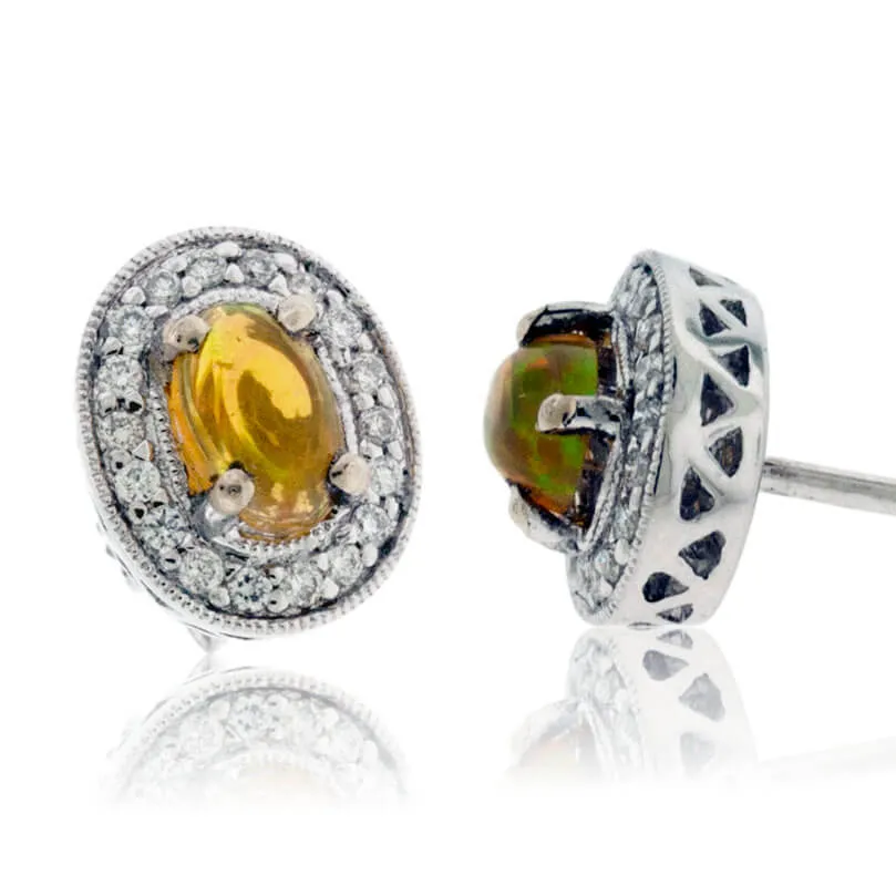 Ethiopian Opal with Diamond Halo Stud Earrings