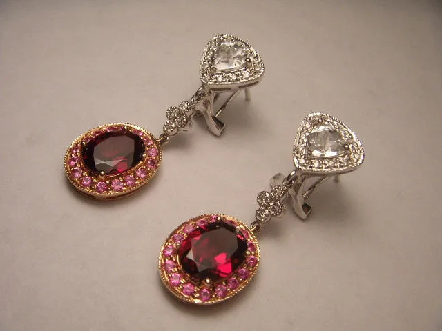 Fabulous 14K White Rose Gold Diamond Topaz Rhodolite Garnet Sapphire Earrings
