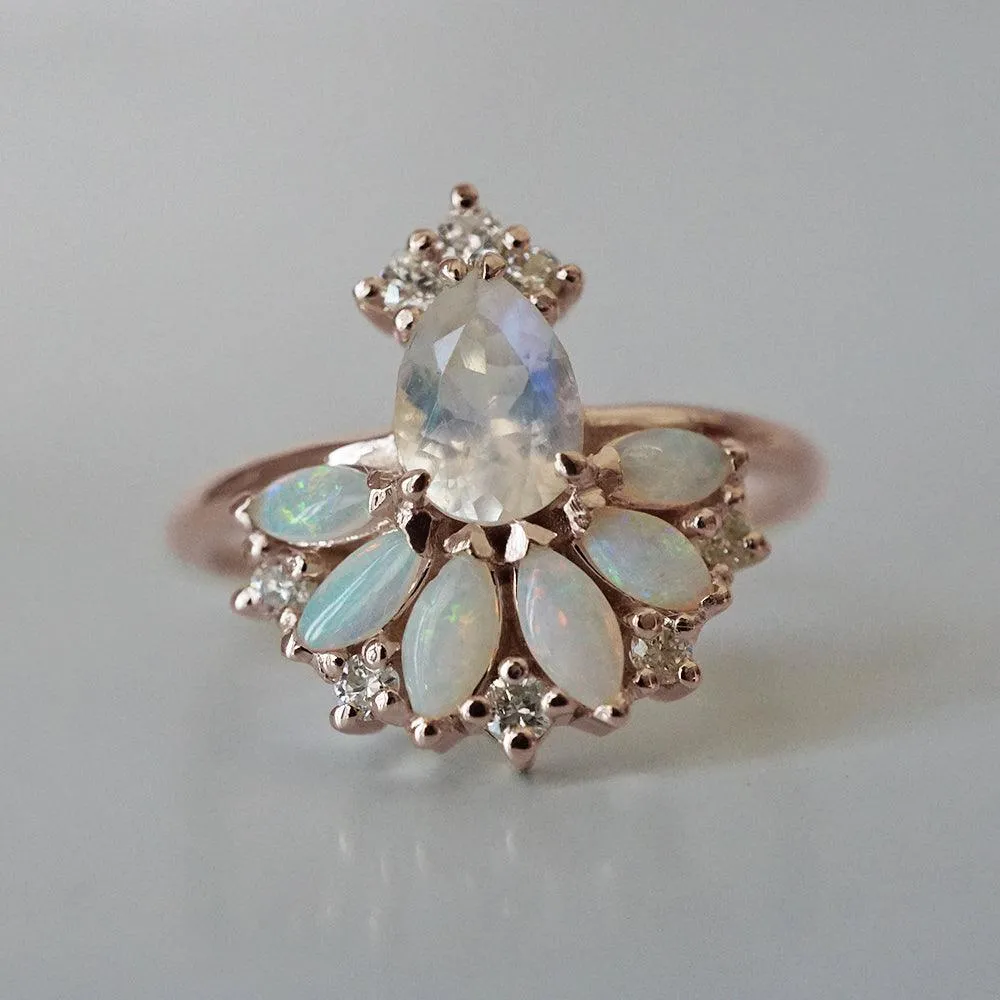 Fairydust Opal Moonstone Diamond Ring in 14K and 18K Gold
