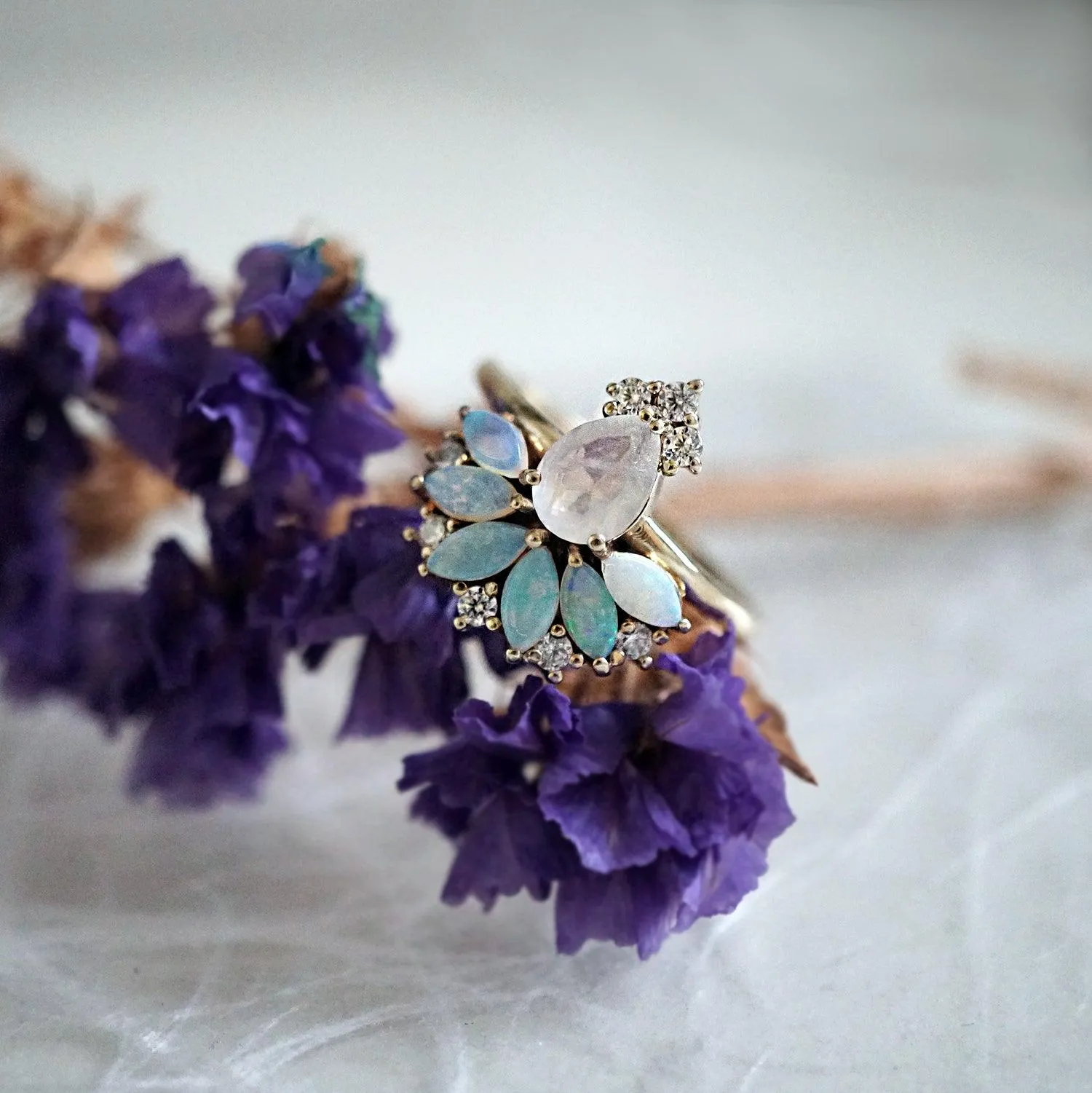 Fairydust Opal Moonstone Diamond Ring in 14K and 18K Gold