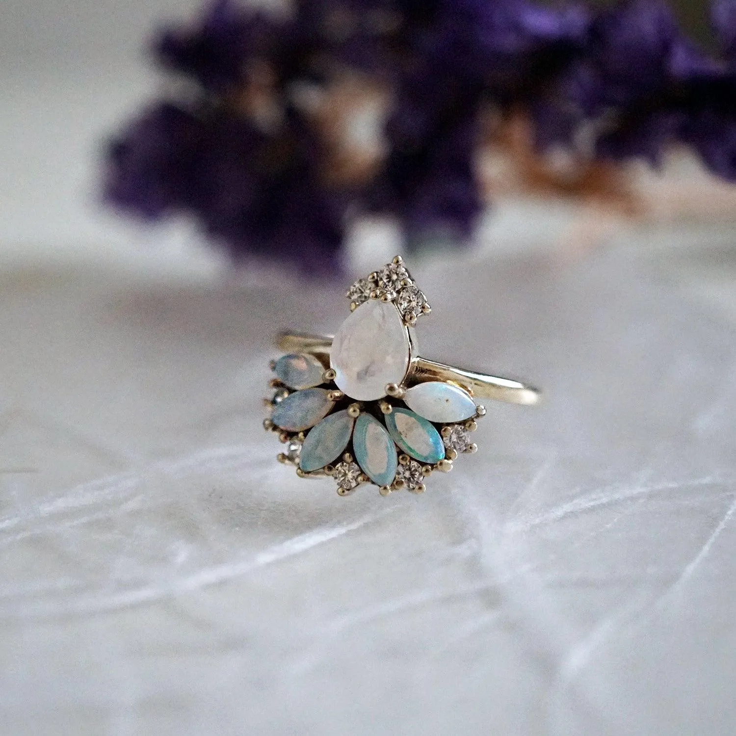 Fairydust Opal Moonstone Diamond Ring in 14K and 18K Gold