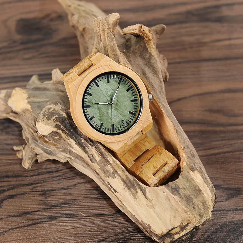 Fashion Bamboo Watch With Green Dial in Gift Box
