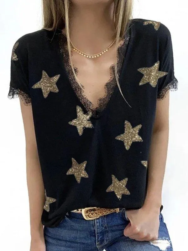Fashion Printed Lace Short-Sleeved T-Shirt