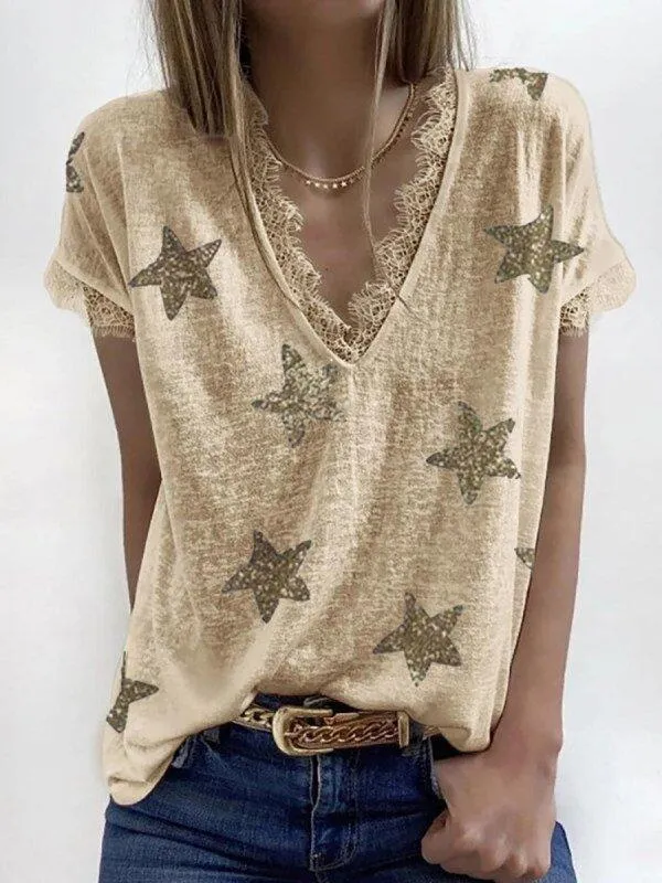 Fashion Printed Lace Short-Sleeved T-Shirt