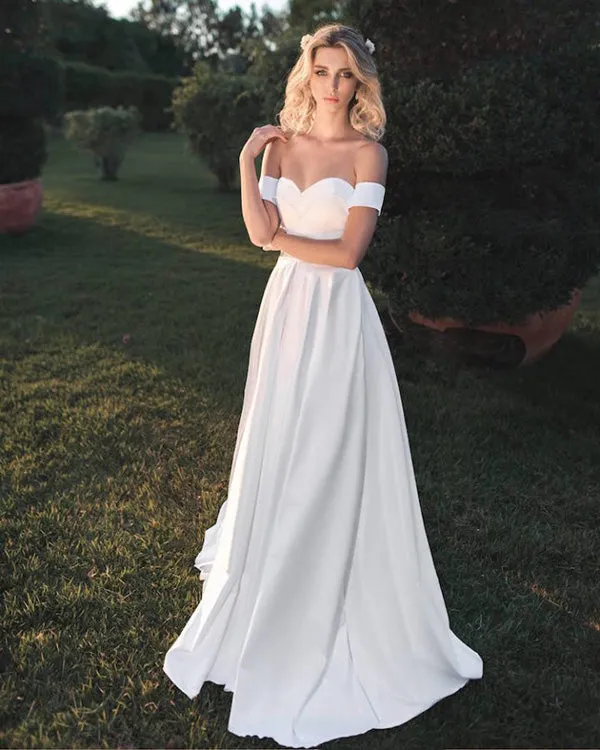 Fashion Simple Satin Wedding Dresses Off The Shoulder A-line Beach Wedding Gown 2020