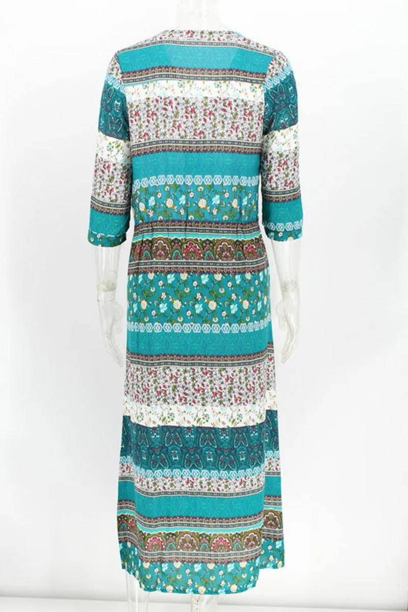 Fashion Street Print Patchwork V Neck Printed Dresses(4 Colors)