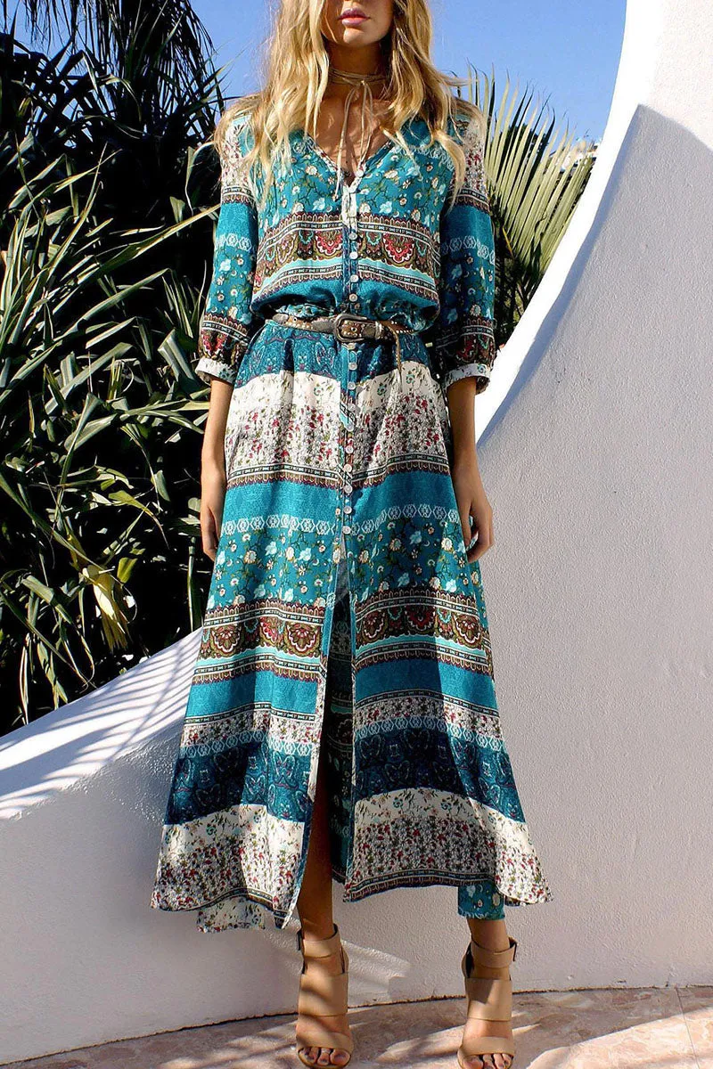 Fashion Street Print Patchwork V Neck Printed Dresses(4 Colors)
