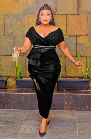 FINAL SALE! Opal Elegance Luxe- Overlay Ruffles Slit Dress/Belt (CLEARANCE OUTLET! Final Sale/No Return/No Exchange!)