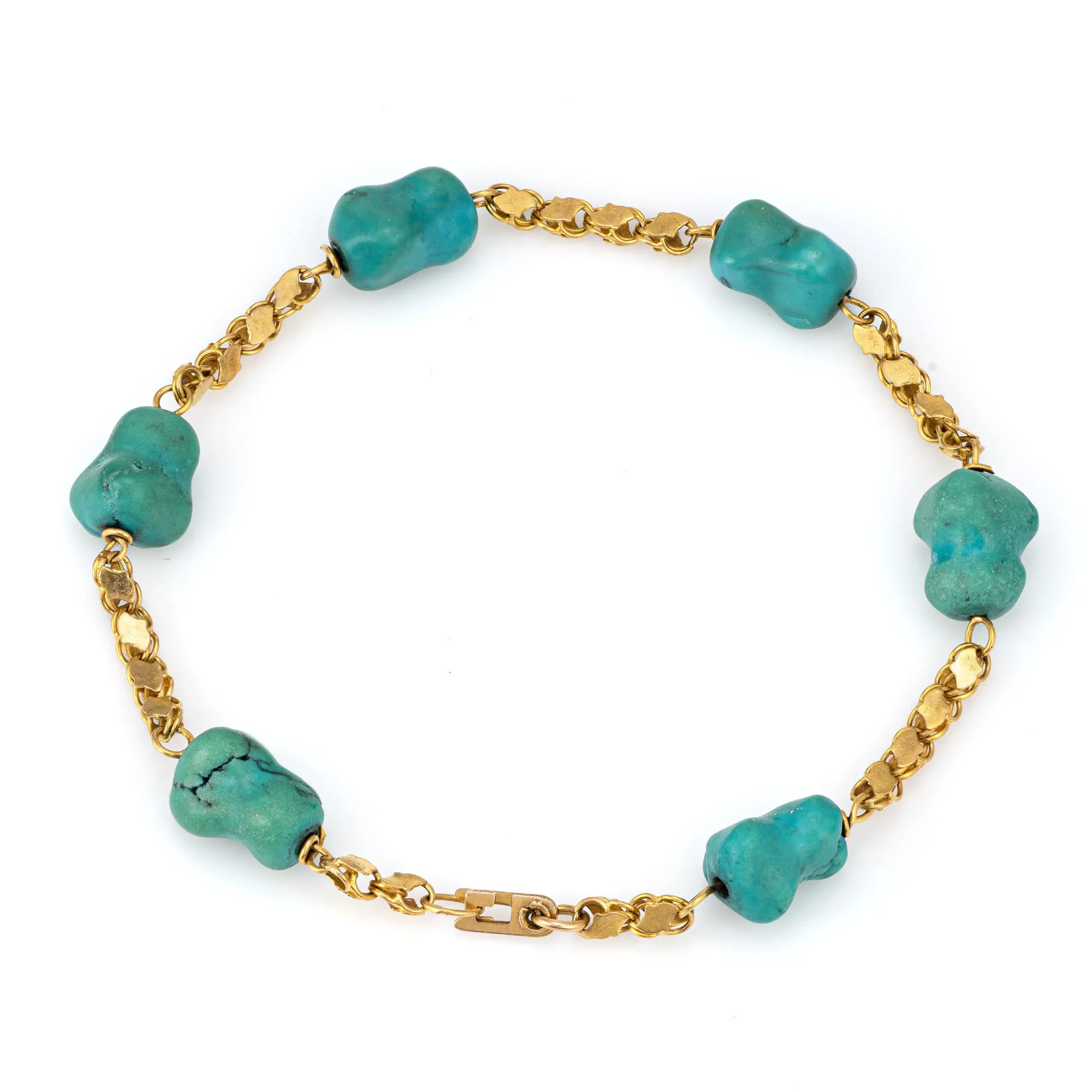 Freeform Turquoise Bracelet 60s Vintage 18k Yellow Gold 8" Fancy Link Jewelry