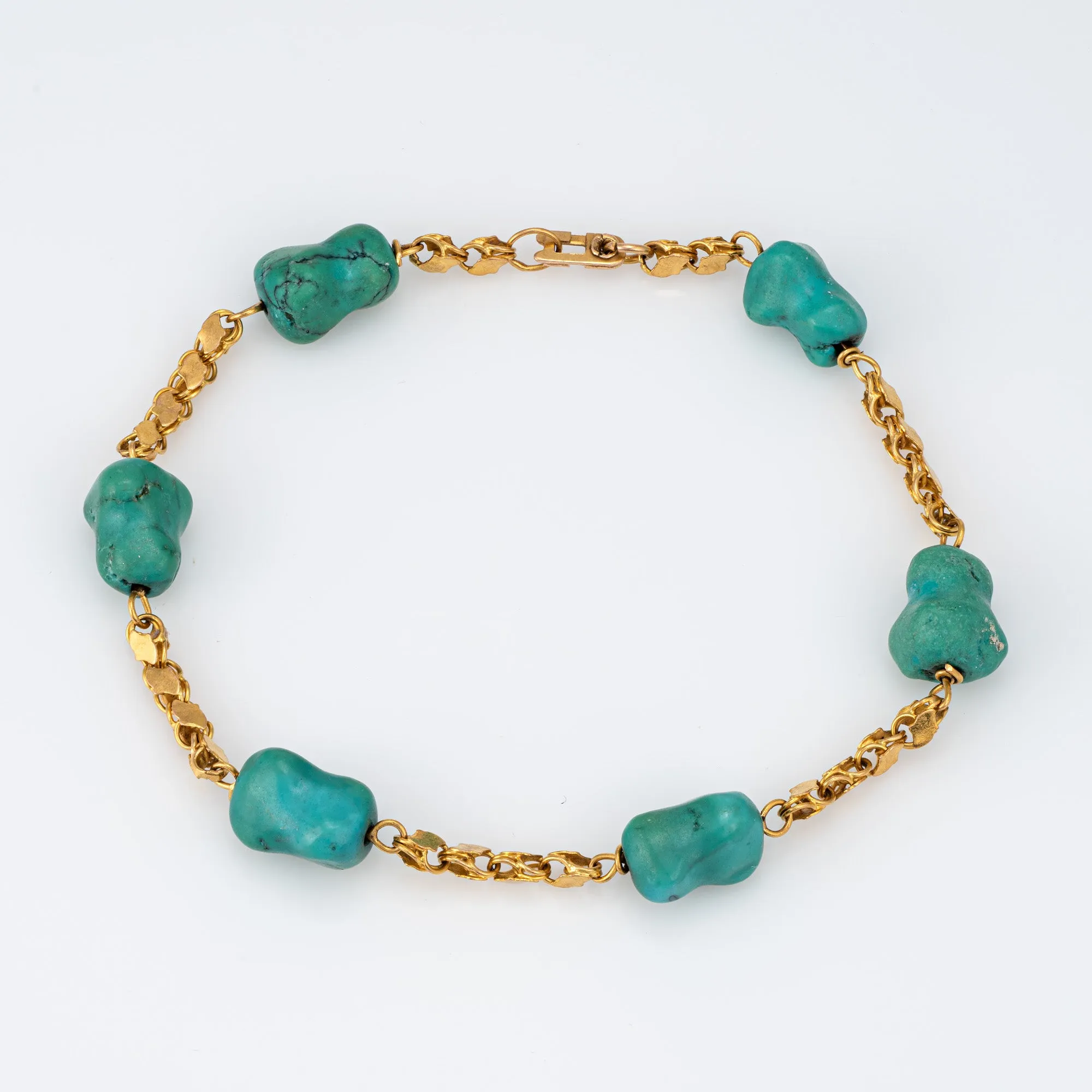 Freeform Turquoise Bracelet 60s Vintage 18k Yellow Gold 8" Fancy Link Jewelry