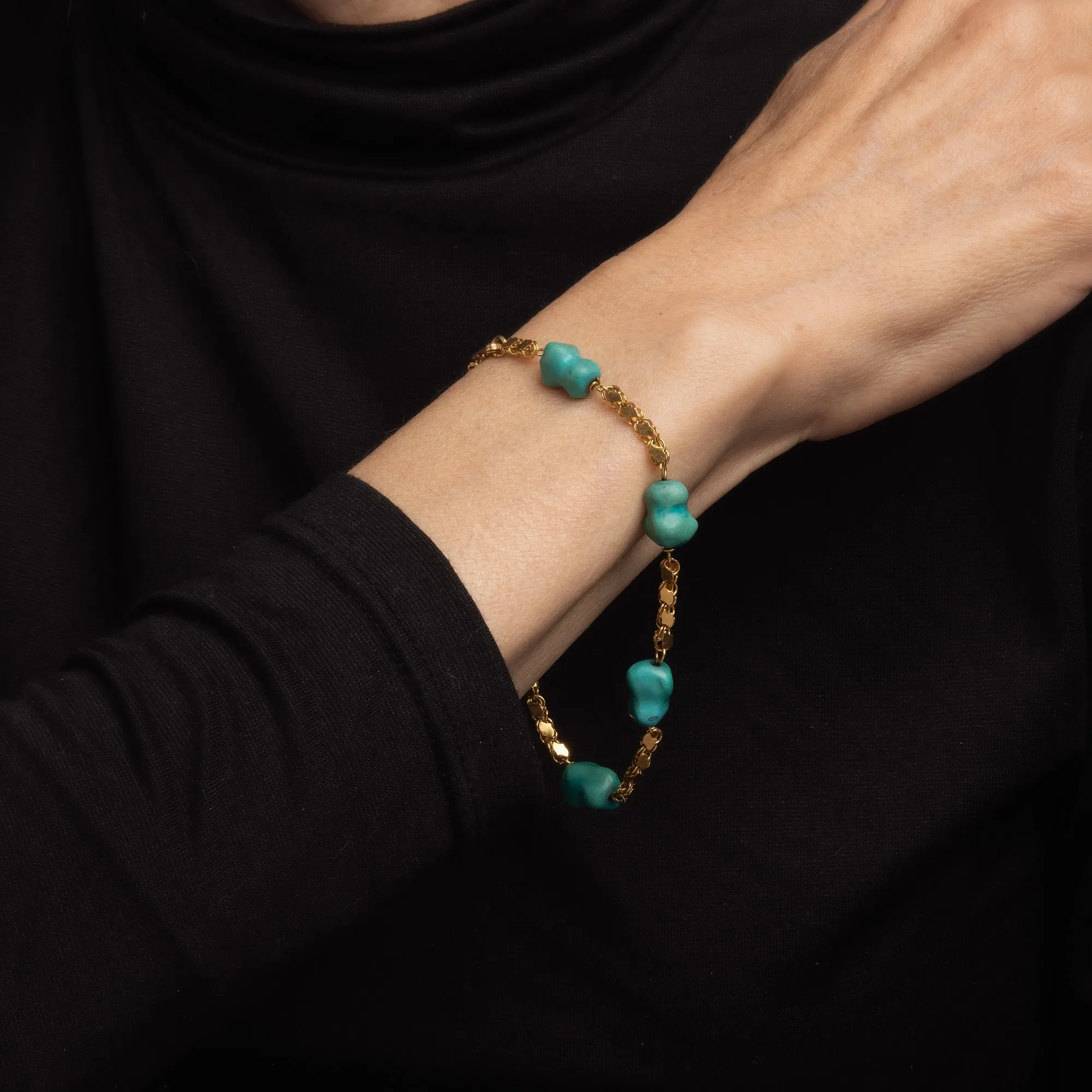 Freeform Turquoise Bracelet 60s Vintage 18k Yellow Gold 8" Fancy Link Jewelry