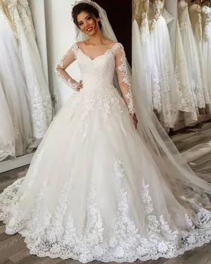 Full Sleeves Lace Appliques Wedding Dresses Ball Gown V-Neck Corset Back Bridal Dress New