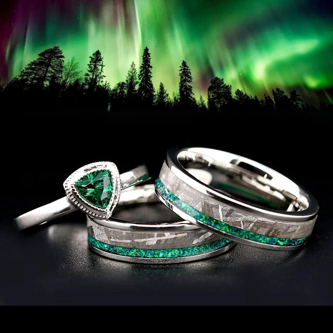 GalacticOpal - Meteorite & Green Opal Rings Set | Engagement Ring & Wedding Bands for Him & Her