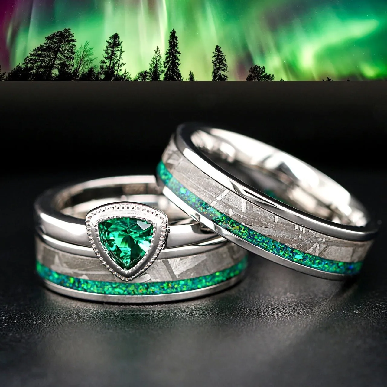 GalacticOpal - Meteorite & Green Opal Rings Set | Engagement Ring & Wedding Bands for Him & Her