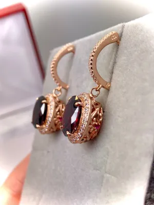Garnet CZ Earrings, Halo Art Deco Earrings, Rose Gold Filigree #E228