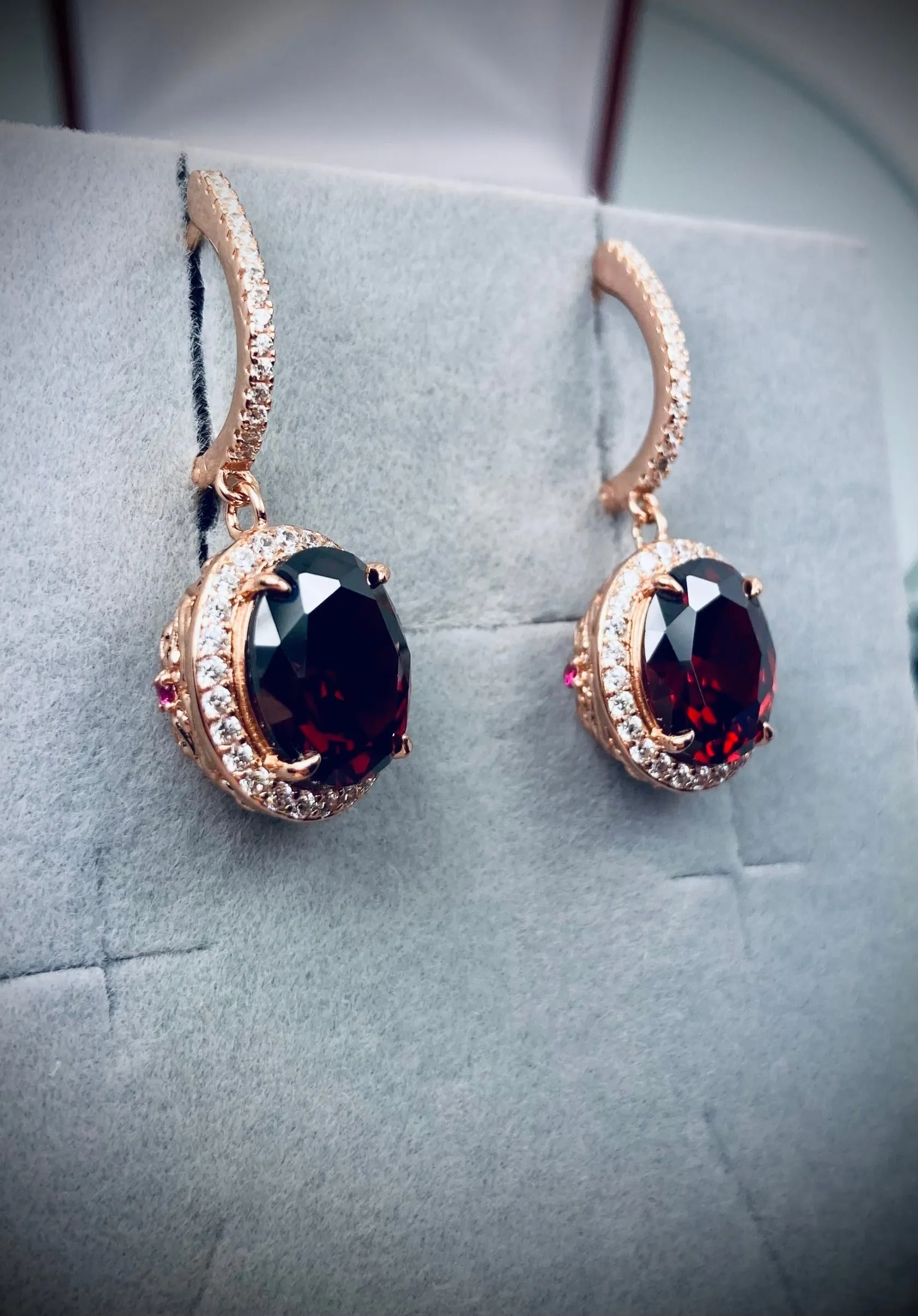 Garnet CZ Earrings, Halo Art Deco Earrings, Rose Gold Filigree #E228