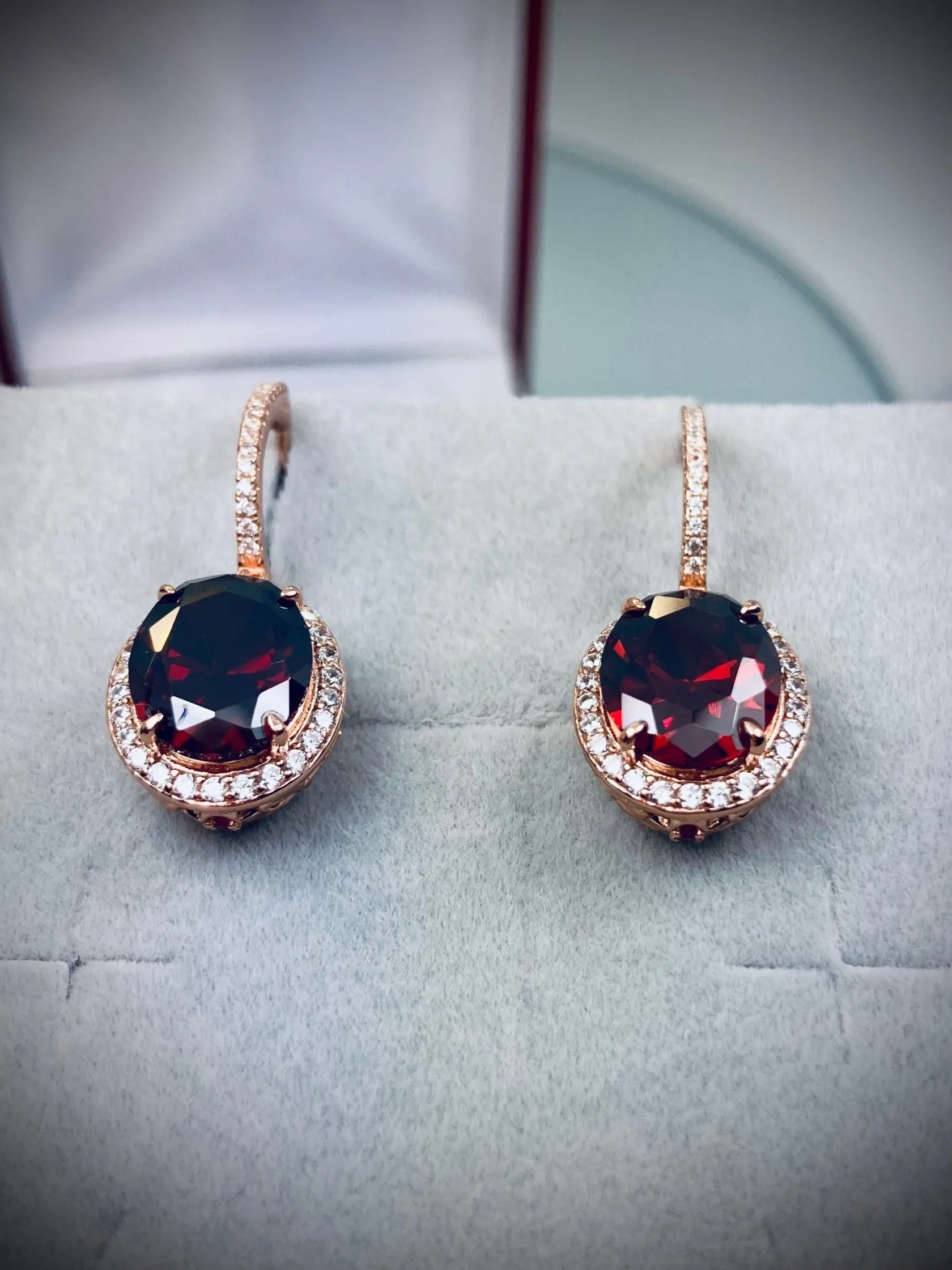 Garnet CZ Earrings, Halo Art Deco Earrings, Rose Gold Filigree #E228