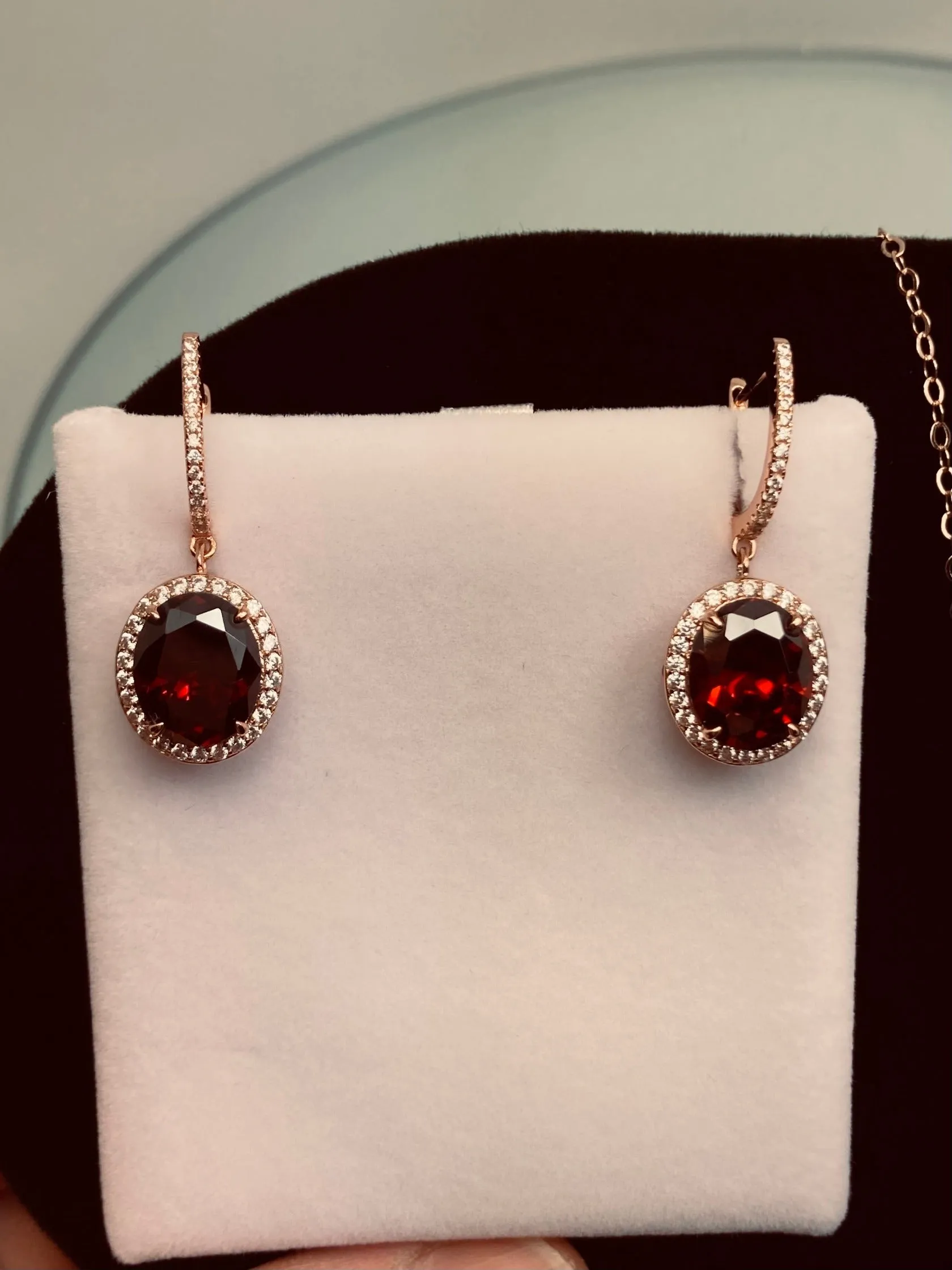 Garnet CZ Earrings, Halo Art Deco Earrings, Rose Gold Filigree #E228