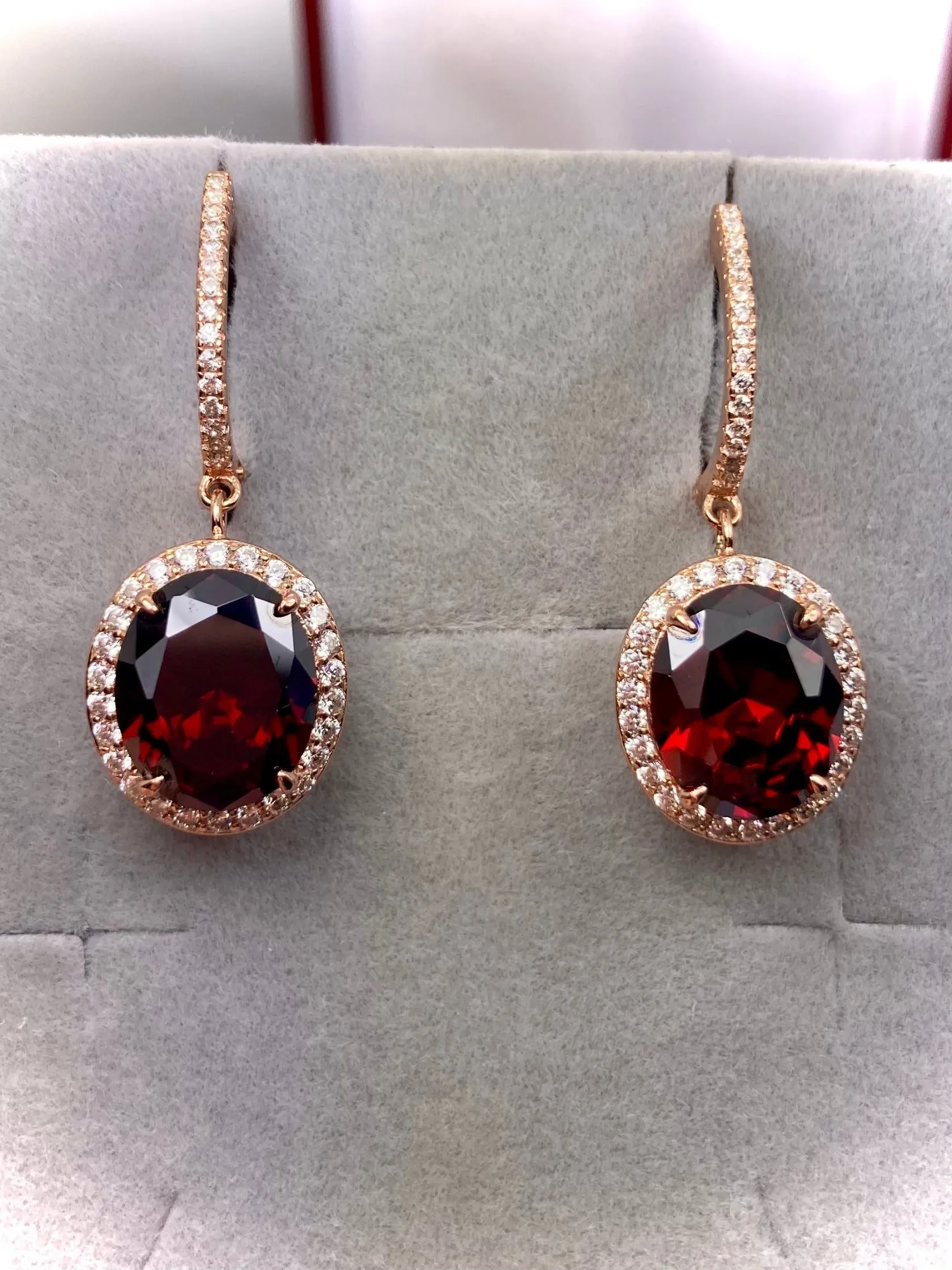 Garnet CZ Earrings, Halo Art Deco Earrings, Rose Gold Filigree #E228