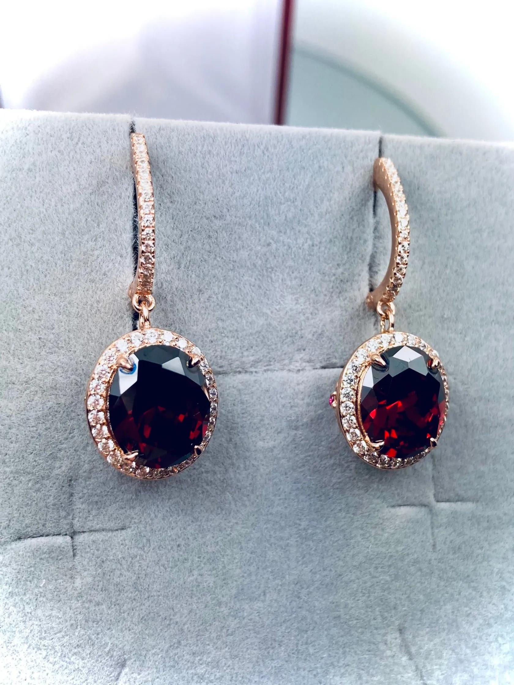 Garnet CZ Earrings, Halo Art Deco Earrings, Rose Gold Filigree #E228