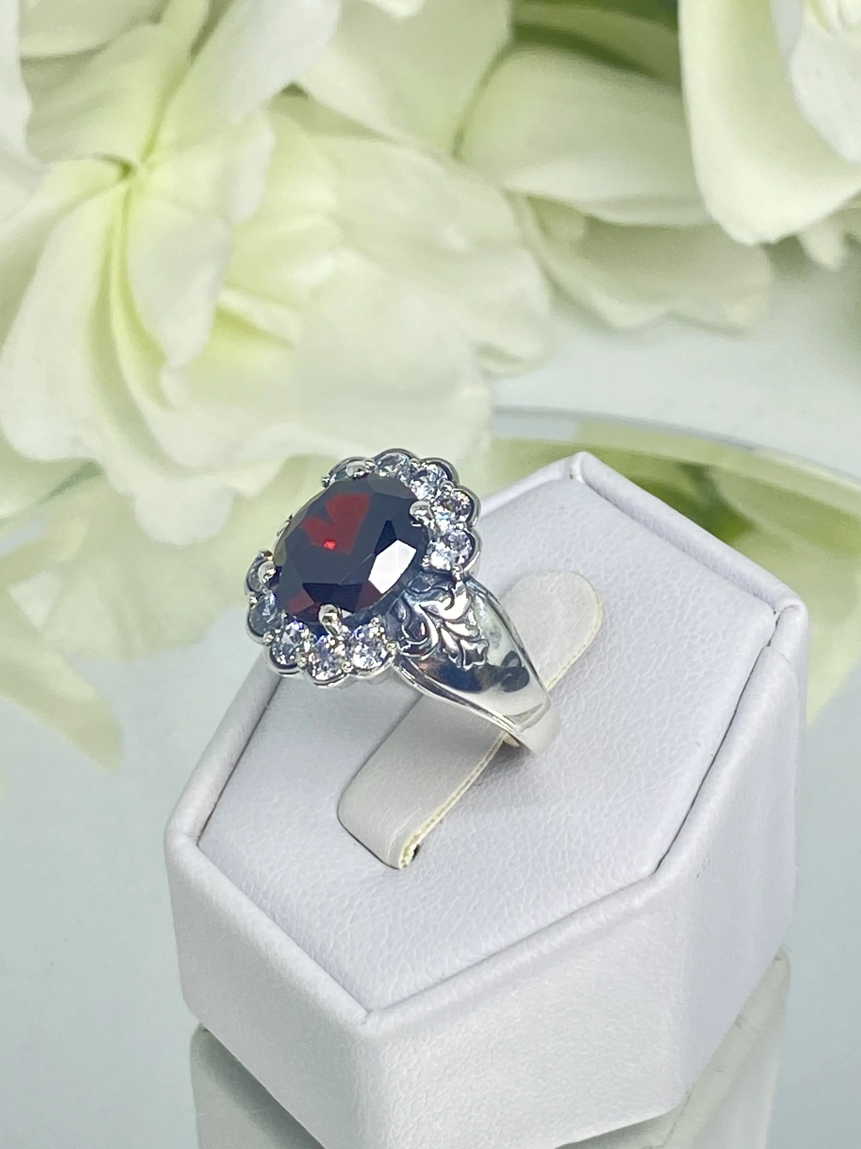 Garnet Ring, Size 8, Oval CZ Gemstone with White CZ accents, Starburst Victorian Filigree, D419 - Ready to Ship