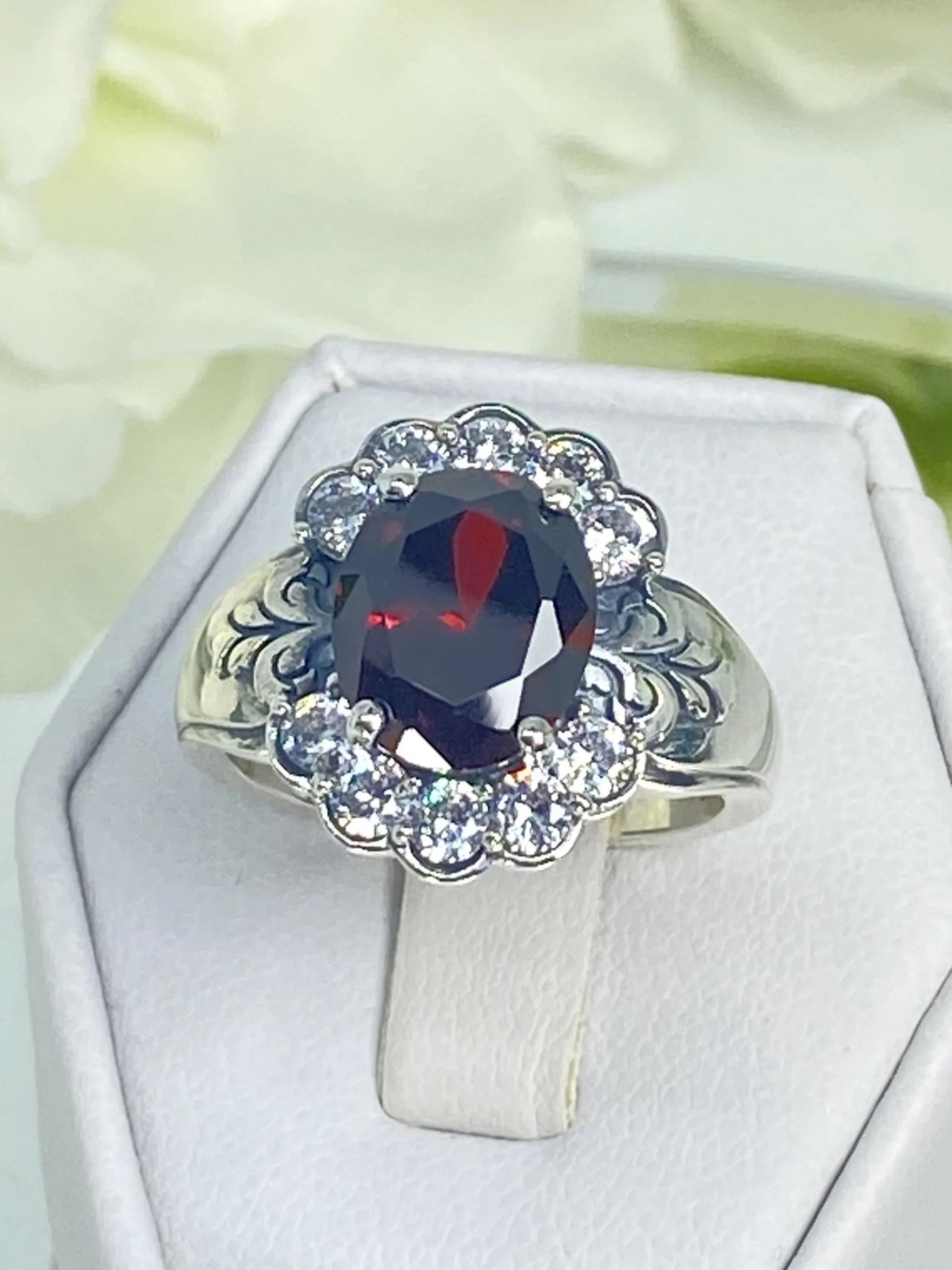 Garnet Ring, Size 8, Oval CZ Gemstone with White CZ accents, Starburst Victorian Filigree, D419 - Ready to Ship