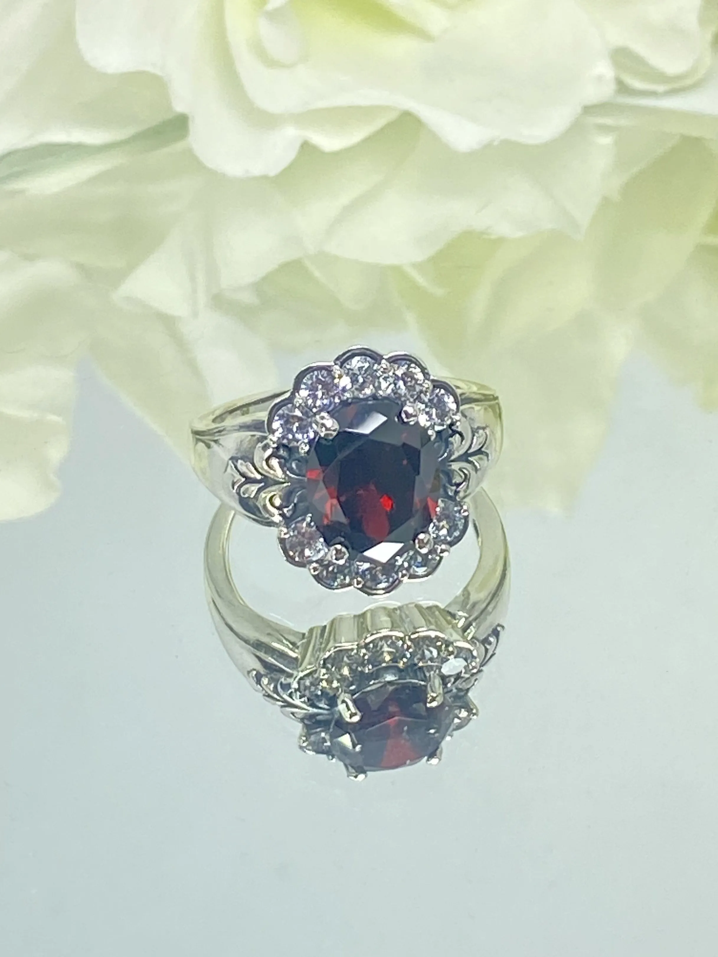 Garnet Ring, Size 8, Oval CZ Gemstone with White CZ accents, Starburst Victorian Filigree, D419 - Ready to Ship