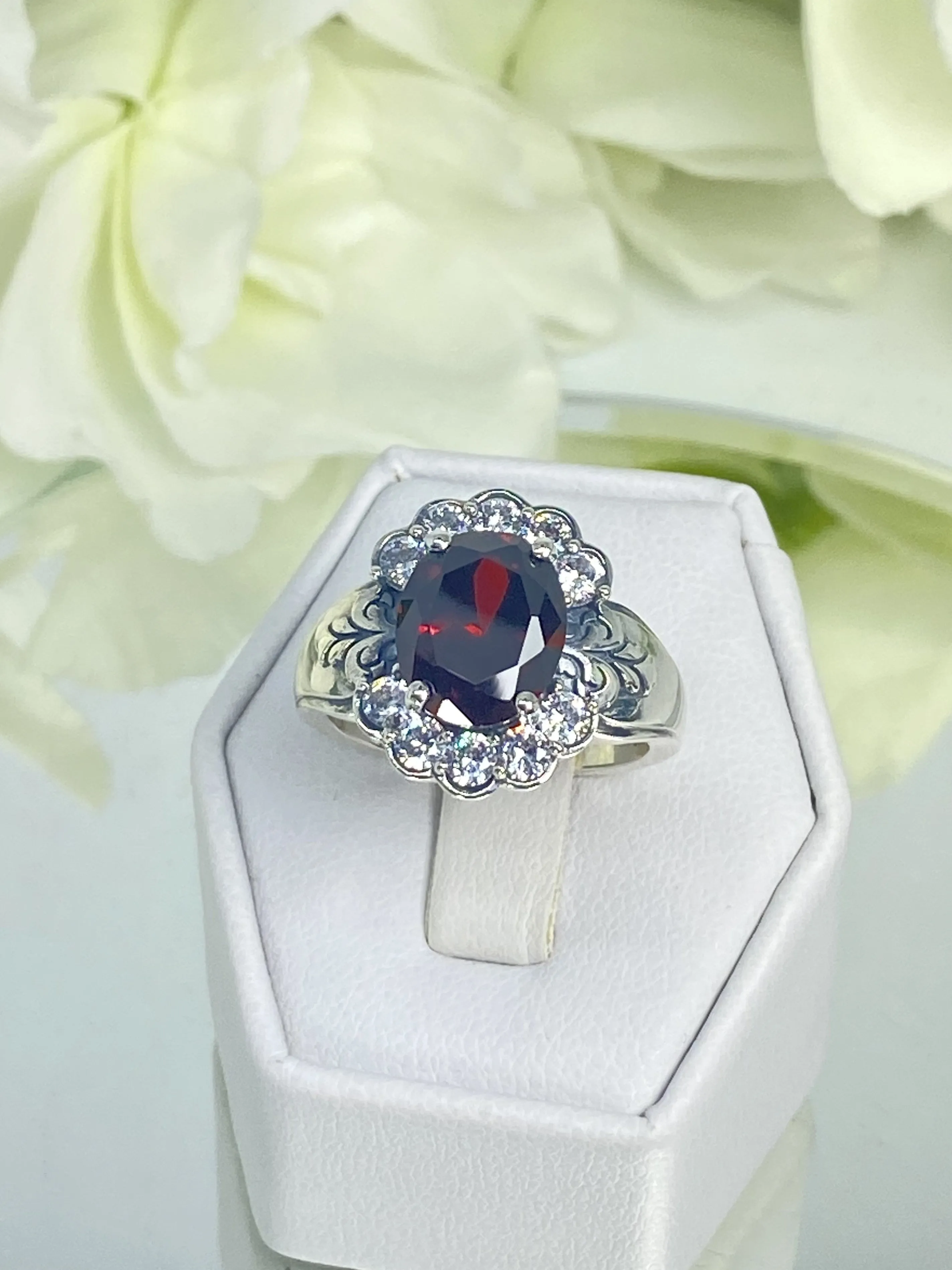Garnet Ring, Size 8, Oval CZ Gemstone with White CZ accents, Starburst Victorian Filigree, D419 - Ready to Ship