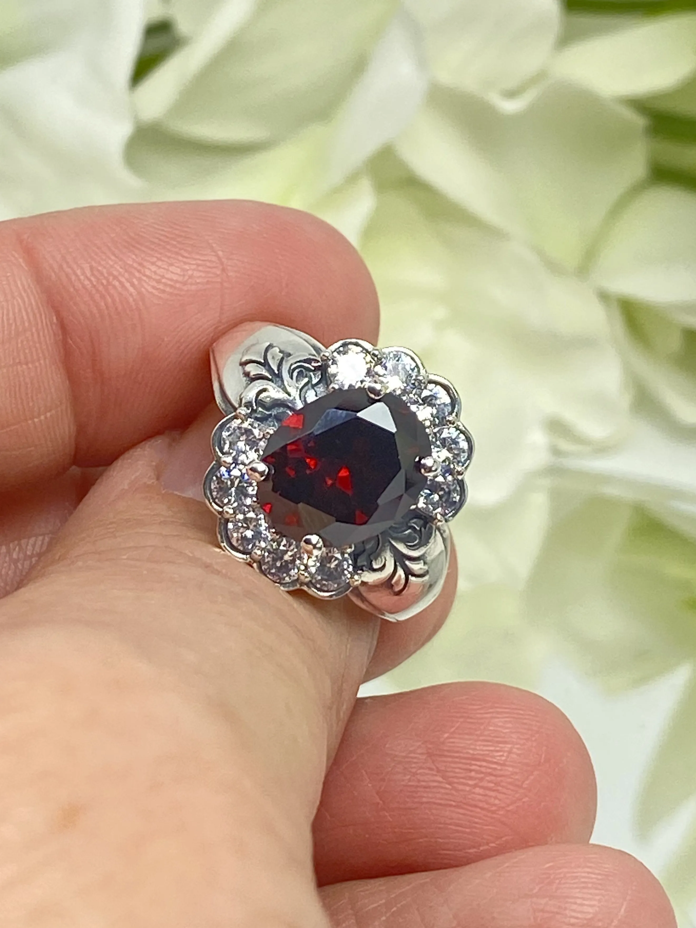 Garnet Ring, Size 8, Oval CZ Gemstone with White CZ accents, Starburst Victorian Filigree, D419 - Ready to Ship